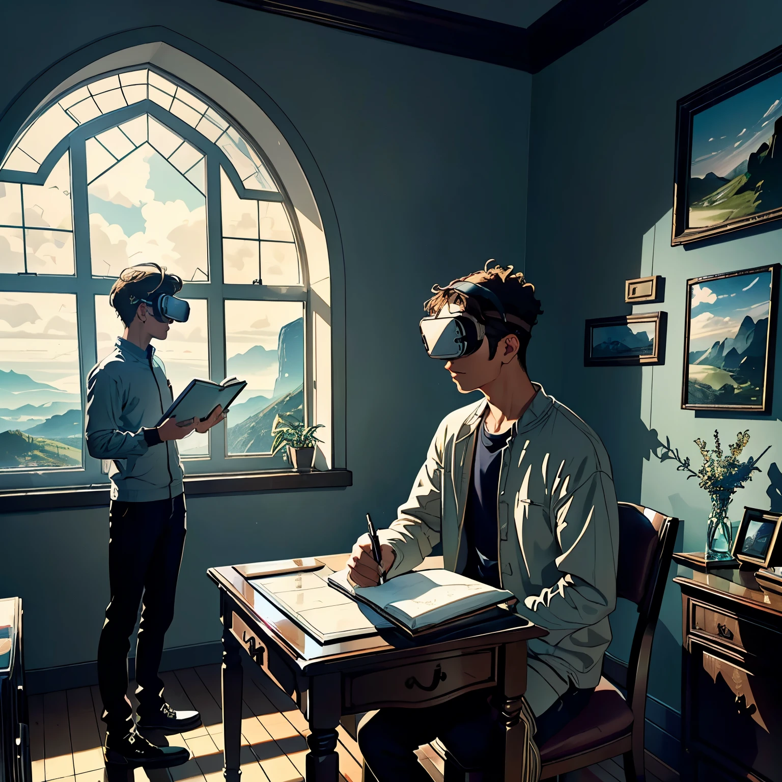 (Masterpiece), (High Quality), (Young Man Studying in His Room:1.5), Jovem estudante com beleza paisagista na Janela Hiperesrealista,
(Visualization of a Beautiful Landscape in the Hyperrealistic Window),
(Semi-nude Study Scene),
(Detailed Room Setting),
(Natural Light Filtering In),
(Sharp Focus on the Man's Intense Study),
(Realistic Textures of Furniture and Decor),
(Virtual Reality Experience),
(Immersive Atmosphere),
(Beautifully Designed Landscape in the Background),
(Exp