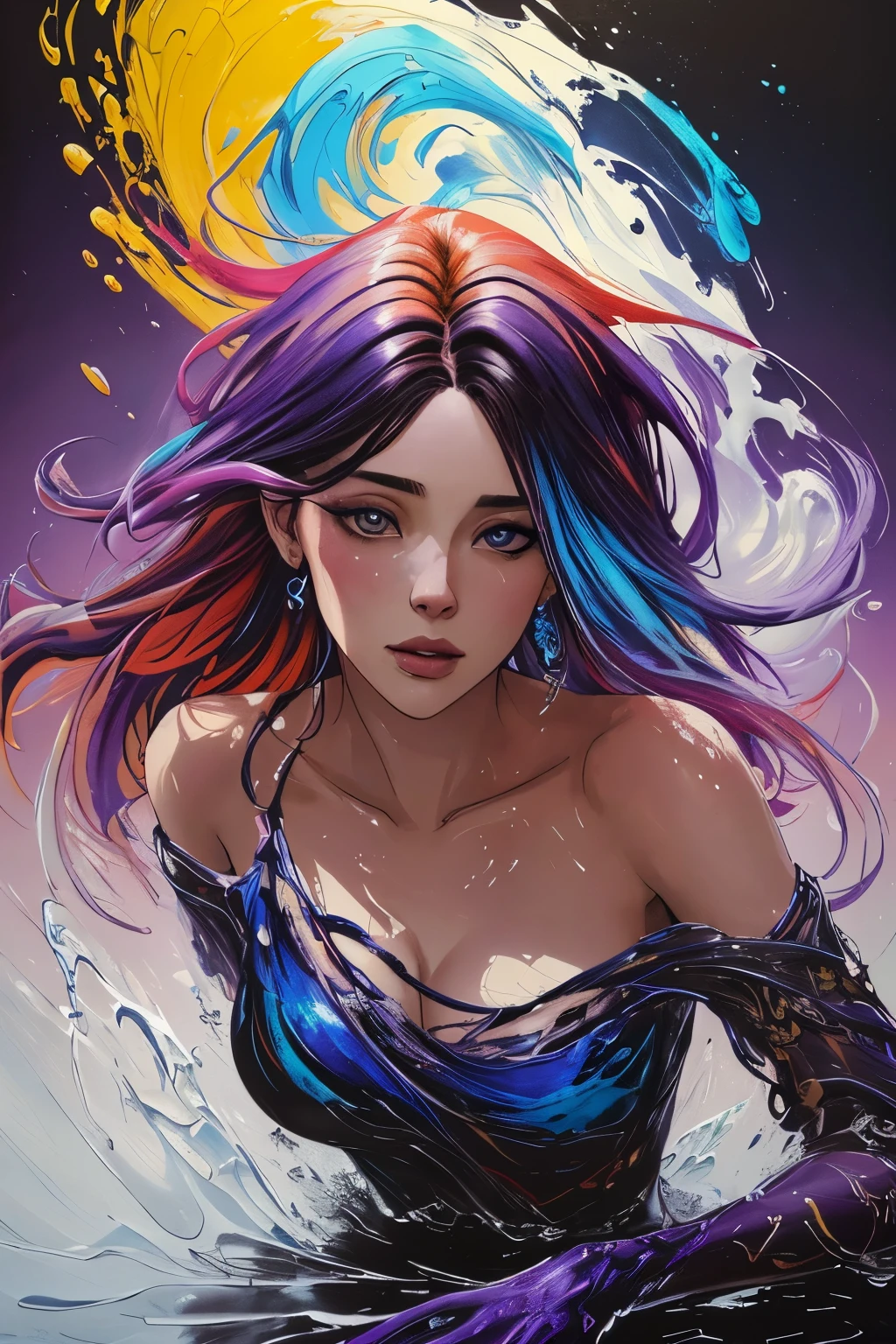 Colorful beautiful girl: a giru 20-years old, messy hair, oil painting, nice perfect face with soft skinice perfect face, blue yellow colors, light purple and violet additions, light red additions, intricate detail, splash screen, 8k resolution, masterpiece, cute face,artstation digital painting smooth veryBlack ink flow: 8k resolution photorealistic masterpiece: intricately detailed fluid gouache painting: by Jean Baptiste Mongue: calligraphy: acrylic: watercolor art, professional photography, natural lighting, volumetric lighting maximalist photoillustration: by marton bobzert:, complex, elegant, expansive, fantastical,  wavy hair, vibrant