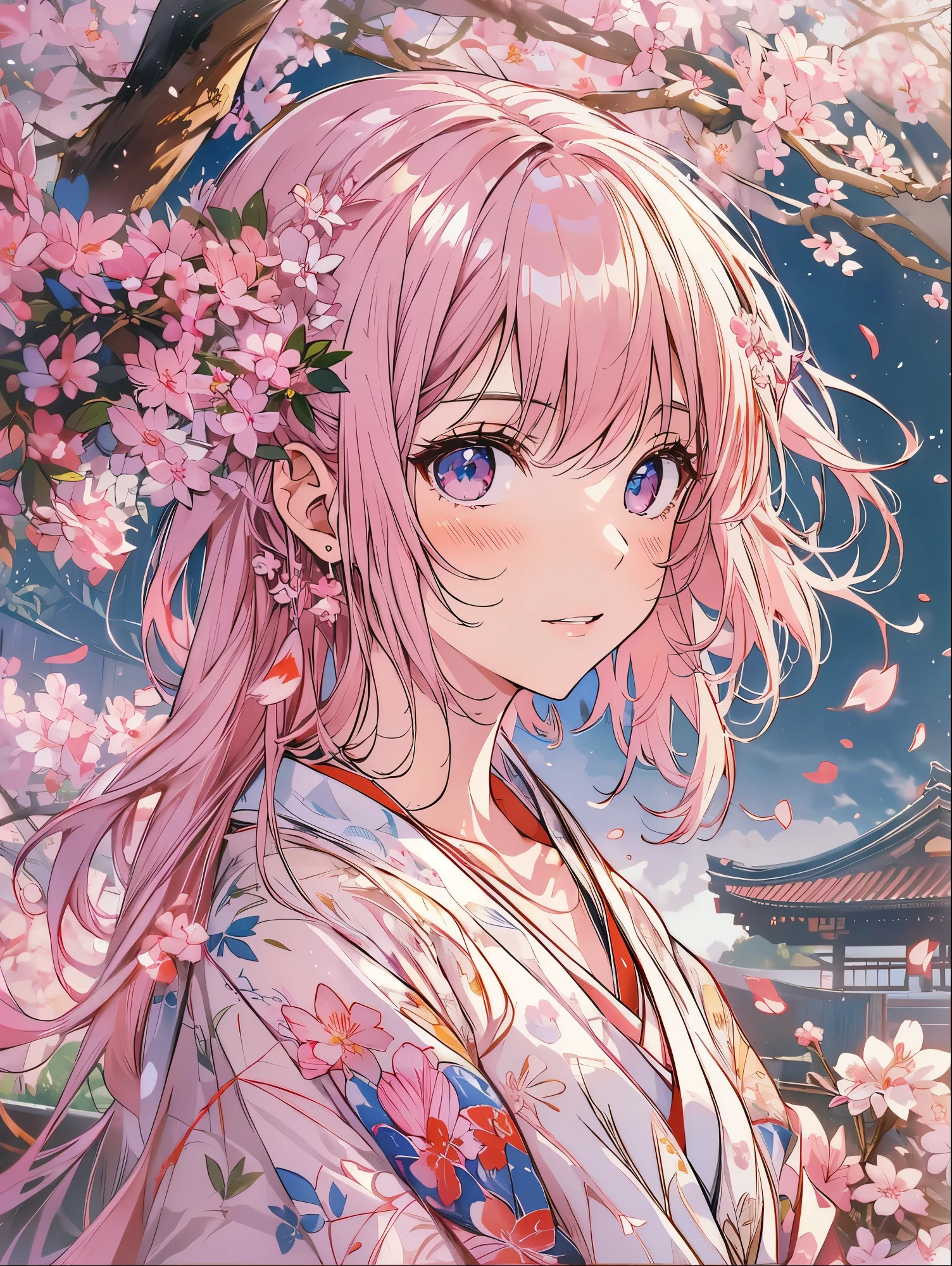 8K resolution, ((highest quality)), ((masterpiece)), ((super detailed)), (very delicate and beautiful), with a girl, solo, gentle expression, she is very(relax)with(Calm)Appearance, pink hair, Depth of the bounds written, bright smile, young expression, bright peach-colored eyes, 美しいpink hair, beautiful background, long hair, linear art, pink kimono, Japan, Japan風, cherry blossomsのように輝く瞳, upper eye, wonderful eyes, cherry blossoms, cherry blossomsの木, cherry blossomsの花が舞っている, Upper body