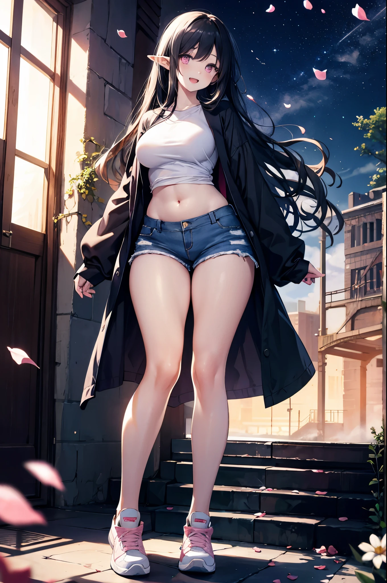 realistic image, coherent image, detailed image, 1 beautiful elf. She has black hair, long hair. Pink eyes, long eyelashes. Her face is oval and delicate. smiling with open mouth. She is wearing a long sleeve shirt, showing her navel, jean shorts, sneakers, she has a curvy body, medium breasts and thick thighs. Urban background. starry night, flower petals falling. natural lighting in front, volumetric lighting