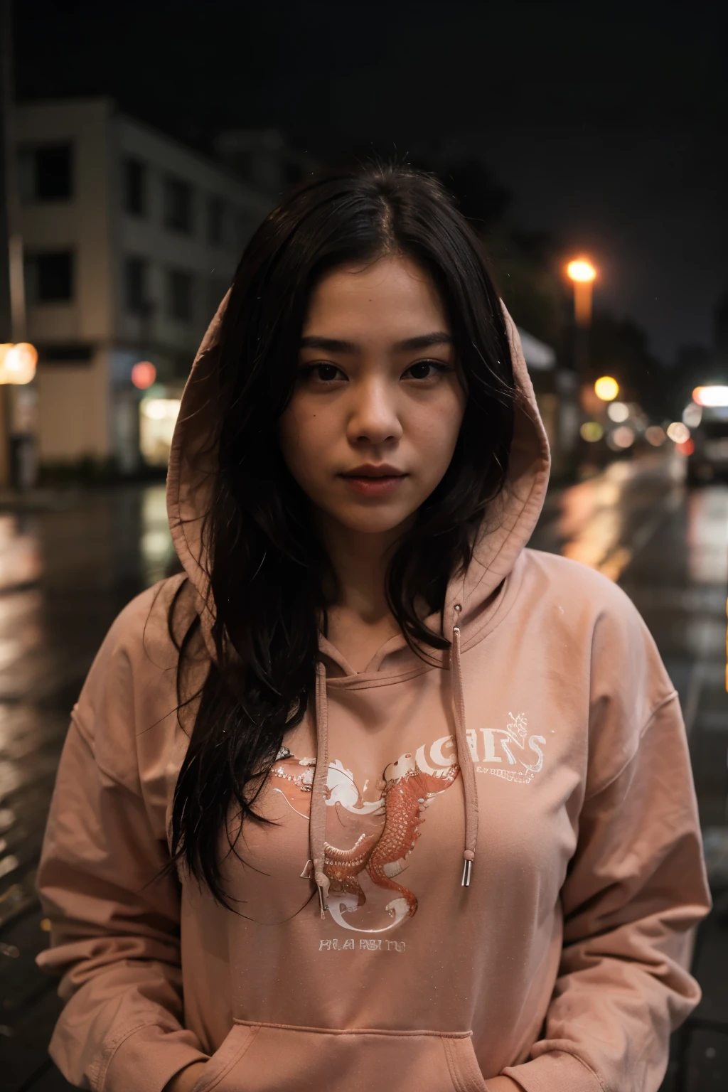 Close-up photo, confident young woman,Asian people,black hair,have brown eyes,Wearing a hoodie with a red dragon pattern., On roads drenched in rain at night.