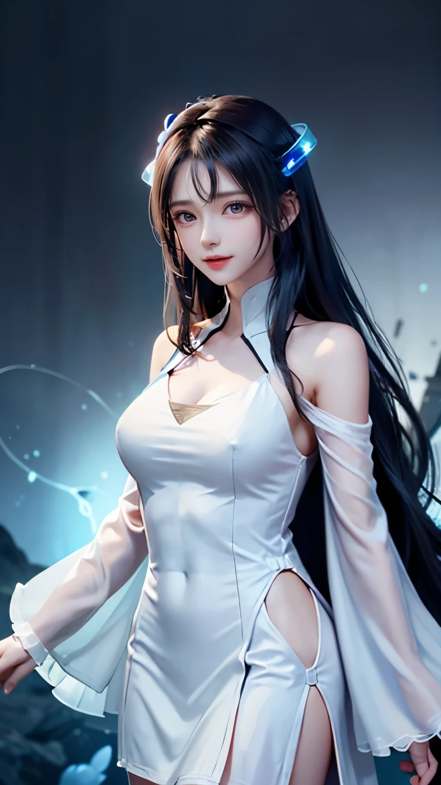 masterpiece, highest quality, Julia Faith, 1 girl, alone, long hair, looking at the viewer, blush, smile, negative space, (bioluminescence:1.2), darkness, dark background, long sleeve, dress, bare shoulders, medium breasts, very long hair, wide sleeve, cape, white dress, circlet