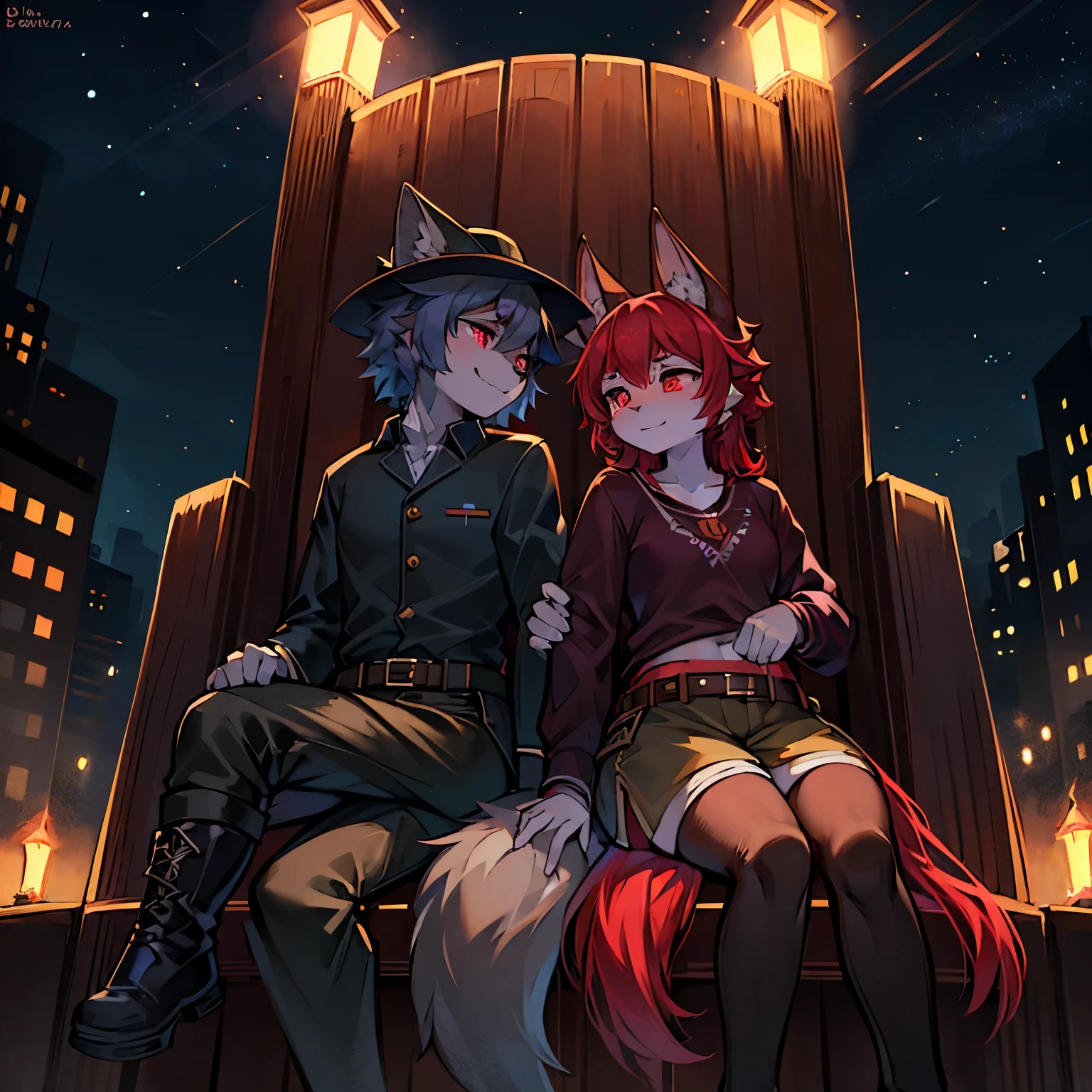 En esta escena encantadora, una linda loba furry de pelaje gris oscuro, con ojos morados, viste una camisa roja, una falda a cuadros negra, unas botas de cuero y un sombrero. She is sitting next to a handsome gray furry wolf with red locks., quien luce una elegante gabardina negra, Military trousers, black boots and a cloth hat.

They are both enjoying their night in the park, immersed in an elegant and welcoming atmosphere. A pesar de ser de noche, lighting favors them, resaltando su belleza y creando un ambiente emotivo y agradable. Ambos lucen sonrisas en sus rostros, transmitiendo felicidad y complicidad en esta escena encantadora.