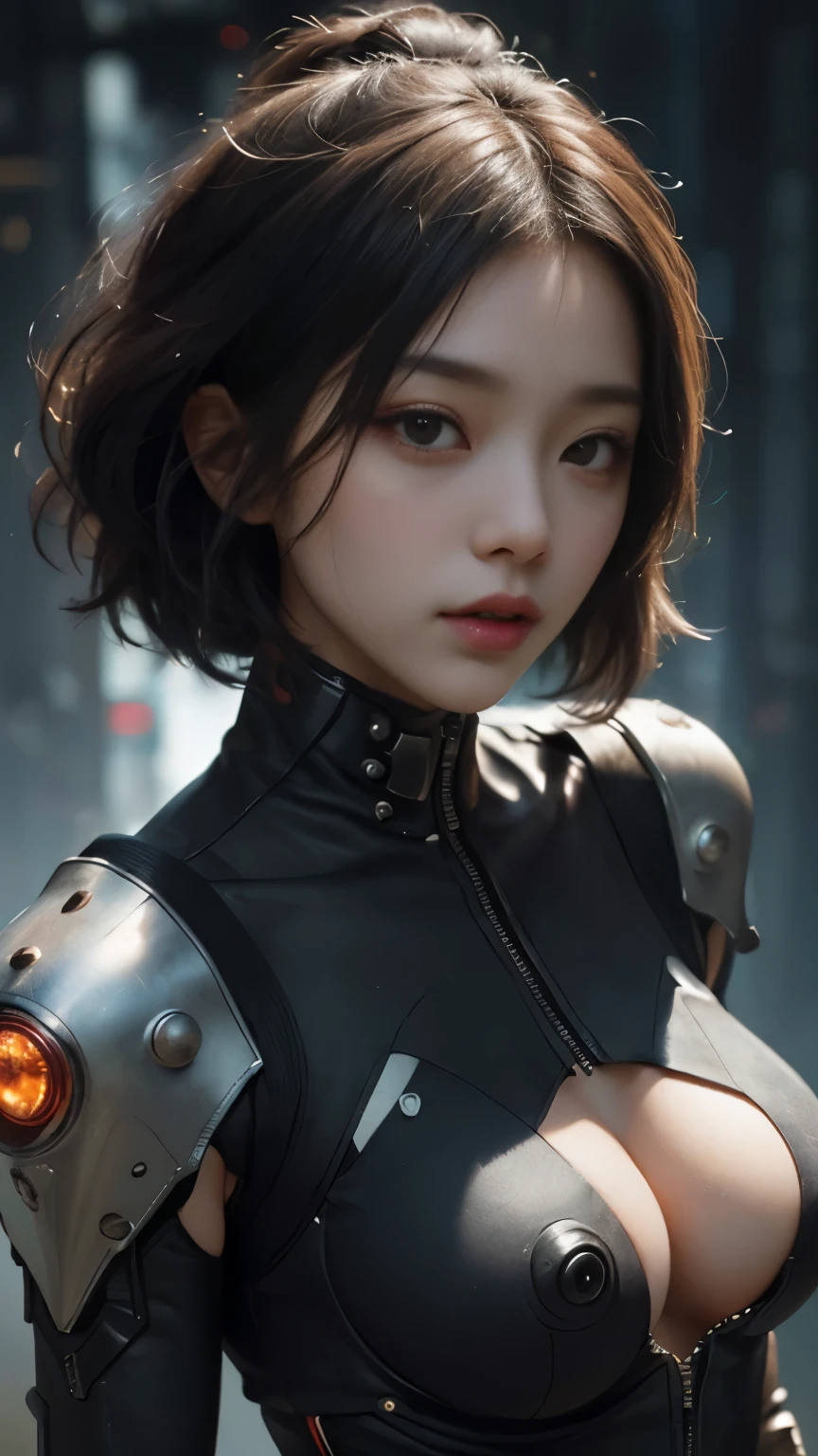 NSFW(((masterpiece))), (((Best Quality))), ((Ultra-detailed)), (extremely detailed photo), ((extremely delicate and beautiful)),(Cute delicate face), an image of cyberpunk, steampunk, sci-fi, cyberpunk fan art, cyberpunk hd wallpaper, cyberpunk art, cyberpunk pics, cyberpunk images, (tall and cool 35 years old Asian woman),solo,short hair,looking at viewer, mecha musume,  armor ,(beautiful face and eye), double eyelid,delicate skin,slender body shape,big breast