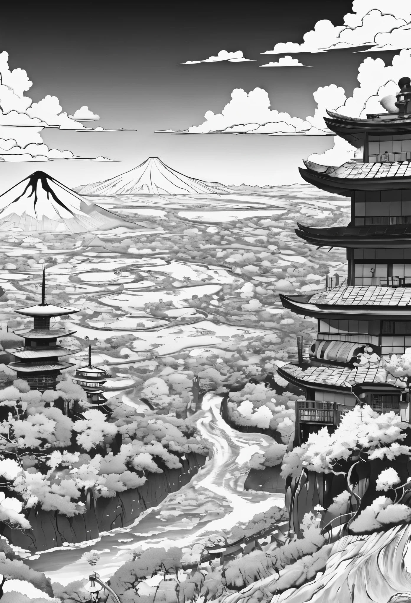 Paisaje del universo de naruto, monochrome