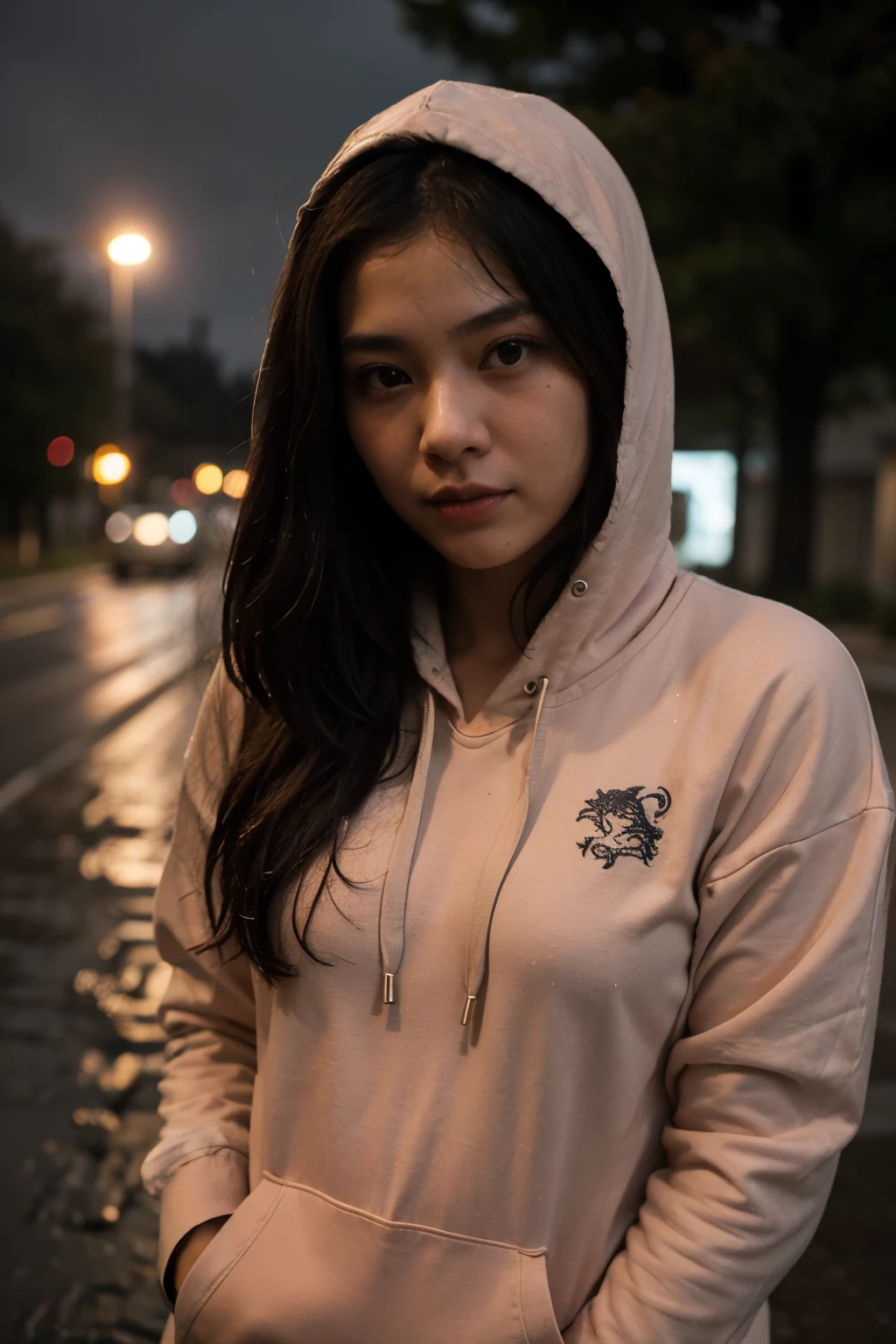 Close-up photo, confident young woman,Asian people,black hair,have brown eyes,Wearing a hoodie with a red dragon pattern., On roads drenched in rain at night.