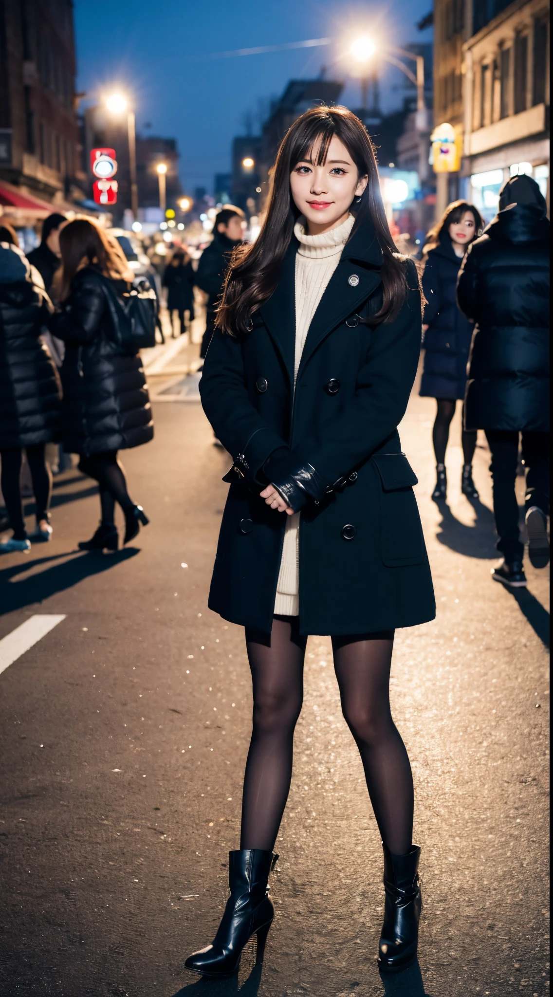 (RAW photo:1.2), (realistic:1.4),beautiful detailed woman,非常にdetailed eyesと顔, detailed eyes, super detailed,High resolution, very detailed,best quality,enlightenment,unified,8k wallpaper,master piece,best quality,1 girl，alone，秋winterの服装，Knee-high boots，white long hair，brown hair，exterior，The background is blurred，blurry，full body esbian，winter，blizzard，Snow flower，street light，high heels，black pantyhose