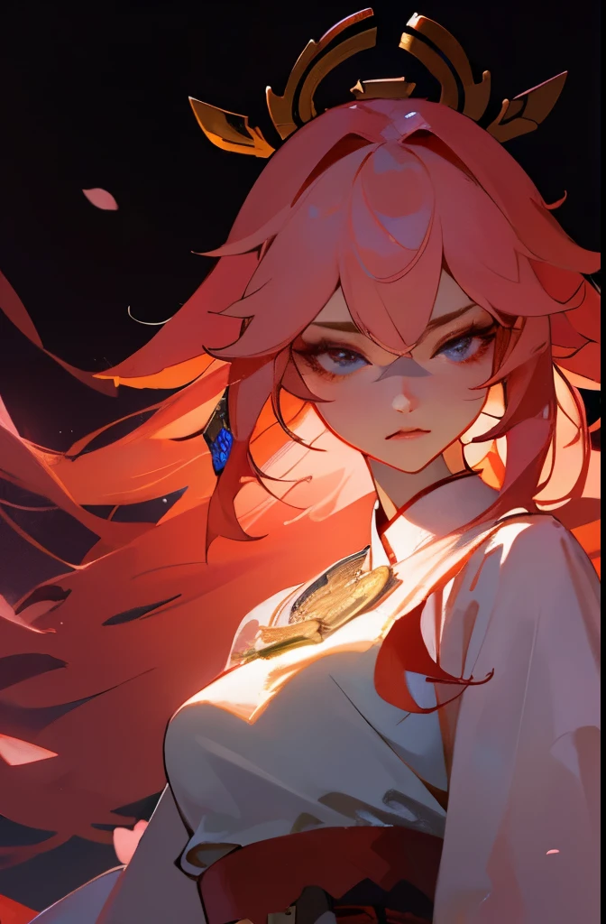 best quality,ultra-detailed,realistic:1.37,yae miko character,detailed eyes,detailed lips,long hair,fierce expression,flowing robe,traditional japanese outfit,cherry blossom background,night scene,anime style,vivid colors,warm color tone,soft lighting,shadow and light contrast,ethereal atmosphere