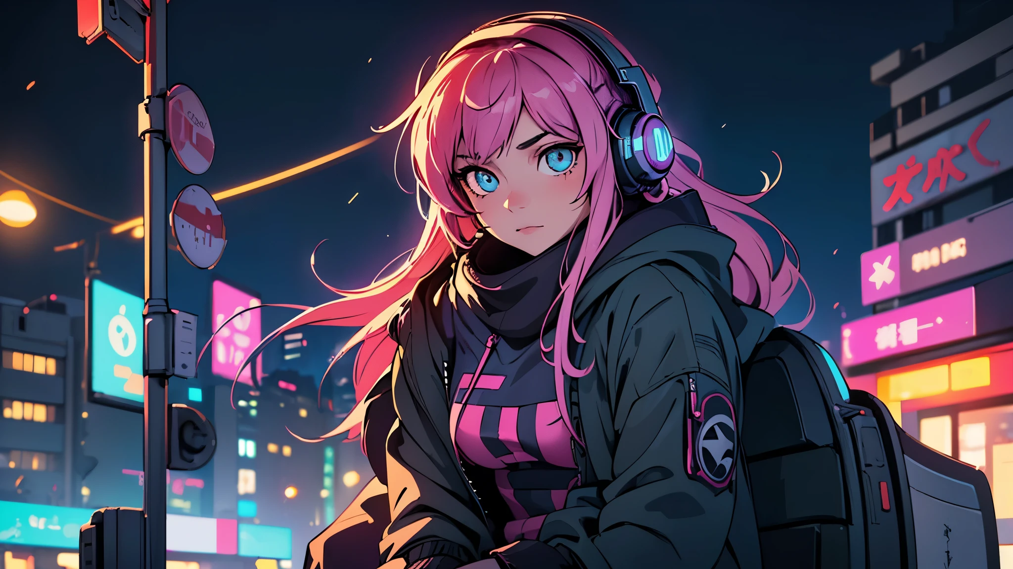 (best quality, detailed, perfect face, beautiful girl listening to music, sitting at a bus stop, cyberpunk appearance, unique hair color, soft lighting, vibrant colors, sparkling ornaments, night, peaceful atmosphere, cozy background, expressive eyes, flowing hair, wearing headphones, bright eyes, likable character, alone)