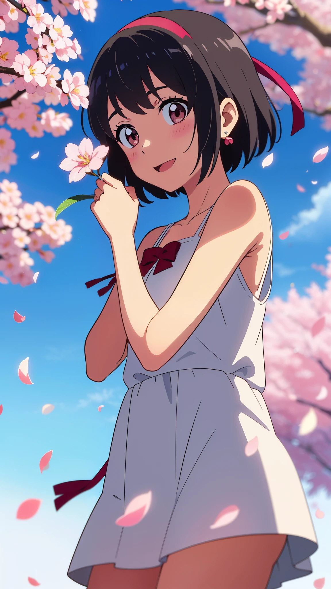 shinkai makoto, kimi no na wa., 1girl, bangs, black hair, blush, round eyes, bright eyes, brown eyes, red headband, red bow, red ribbon, short hair, shinny hair, smile, open mouth, cute, beautiful, shiny skin, looking at the viewer, solo, cute girl, white dress with cherry blossoms, bare shoulders, earrings, cherry_blossoms, falling_petals, petals, branch, pink_flower, blue_sky, spring_season, perfect hands. holding_flower, wind, tree