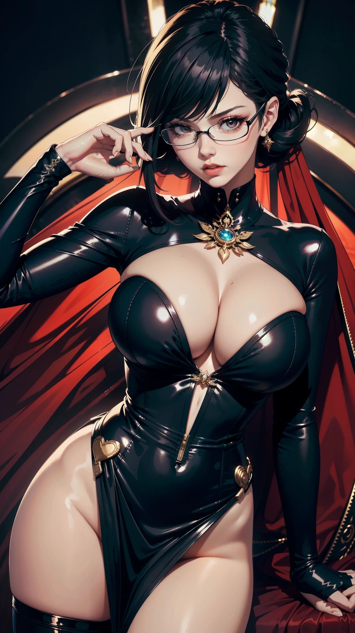 Masterpiece, high quality, 8k, ultra detail, dynamic angle, dynamic poses,(dress), (large breast), (cleavage), (bare thigh), (bayonetta make up)