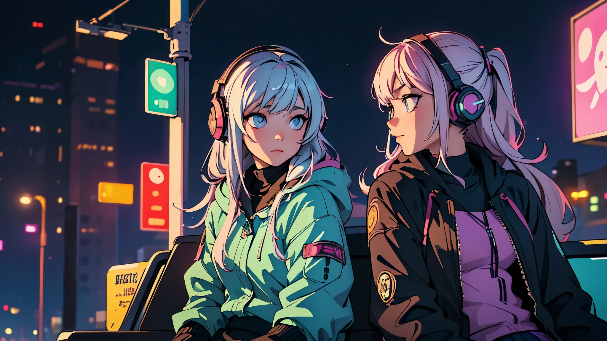 (best quality, detailed, perfect face, beautiful girl listening to music, sitting at a bus stop, cyberpunk appearance, unique hair color, soft lighting, vibrant colors, sparkling ornaments, night, peaceful atmosphere, cozy background, expressive eyes, flowing hair, wearing headphones, bright eyes, likable character, alone)
