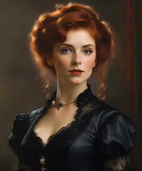 close-up of a woman with red hair and a black dress, beautiful victorian woman, oil painting depicting a realistic woman, elegan...