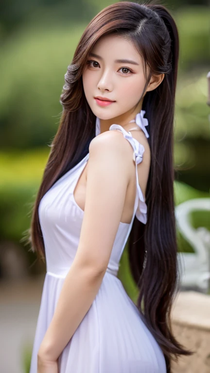 a close up of a woman with long hair wearing a dress, gorgeous chinese model, gorgeous young korean woman, beautiful south korean woman, cai xukun, beautiful young korean woman, full body xianxia, ruan jia beautiful!, yanjun chengt, beautiful girl model, by Yang J, inspired by Huang Ji, realistic. cheng yi, xianxia