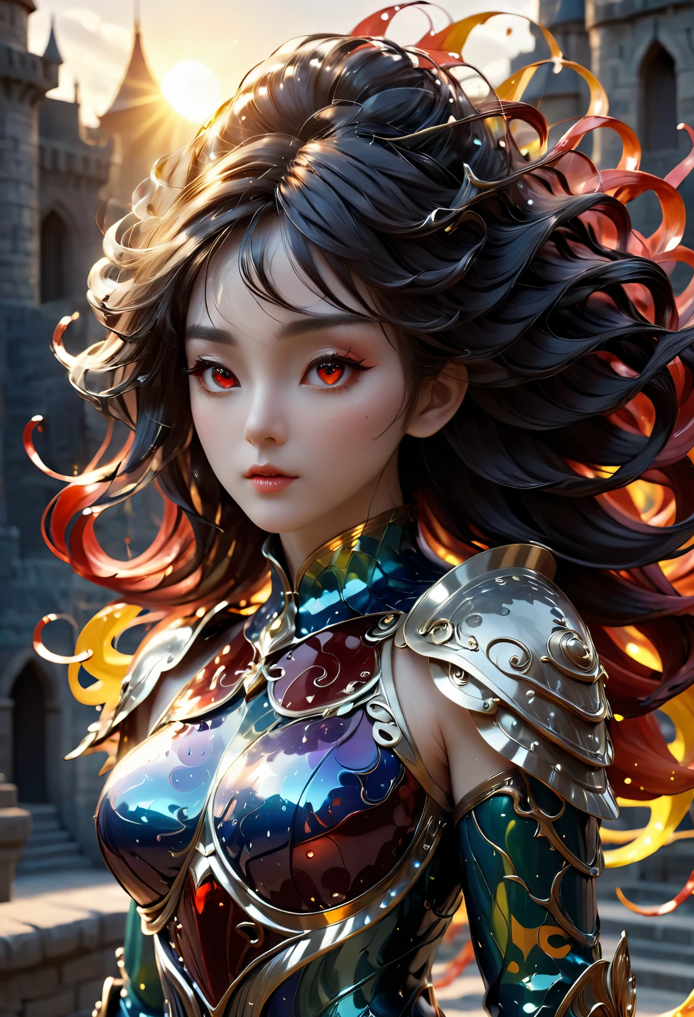 (best quality, masterpiece, ultra high resolution), (length: 1.2), (beautiful: 1.2), coiled serpentine, Reasonable body structure logic, long hair, sharp teeth, red eyes, outdoor, Permanently installed, cloud, trumpet, armor, Sky, open mouth, Confrontation, TOLL, monster, building, valley, (Realistic texture: 1.2), (Glowing colorful and neat scales: 1.2), (realistic details: 1.2), high dynamic range, ultra-rebeautifuld 3D modeling, like tim burton, Dale Chihuly (Dale Chihuli) style paintings, Xiaolongcheng, Other authors like Cyril Rolando and Jingjig are equally amazing, shadow and light intertwined,produce brilliant effects,(masterpiece), (extremely complex:1.3), (actual), portrait of a girl, the most beautiful in the world, (中世纪armor), metal reflection, Upper body, Outdoor activities, strong sunlight, distant castle, Detailed professional photo of a stunning woman, sharp focus, dramatic, Award-winning, light, Unreal Engine Octane Rendering, Volumedtx, (film grain, blurred background, Blurred foreground, Bokeh, depth of field, Sunset, motion blur:1.3), chain mail