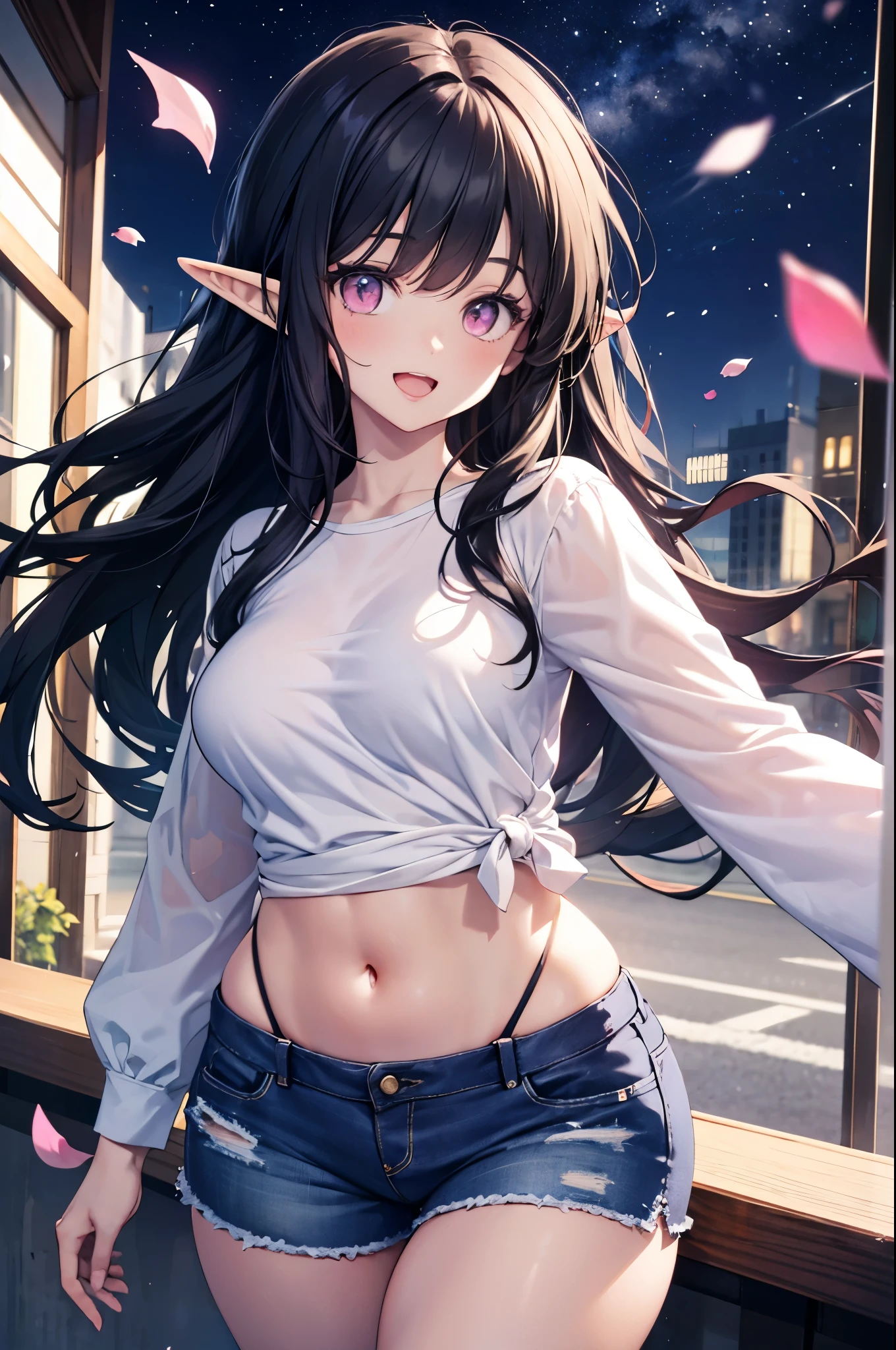 realistic image, coherent image, detailed image, 1 beautiful elf. She has black hair, long hair. Pink eyes, long eyelashes. Her face is oval and delicate. smiling with open mouth. She is wearing a long sleeve shirt, showing her navel, jean shorts, sneakers, she has a curvy body, medium breasts and thick thighs. Urban background. starry night, flower petals falling. natural lighting in front, volumetric lighting