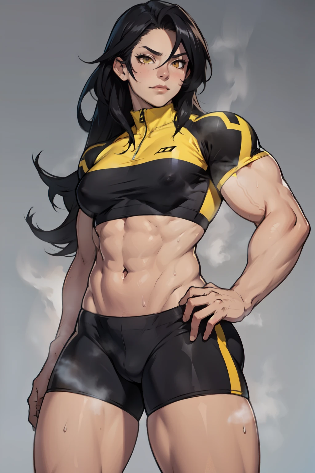 ((1girl)) pale skin (muscular small breasts) toned body thick thighs black hair yellow eyes (long hair) bodybuilder (seductive expression) best quality perfect anatomy compression bra bike shorts best quality sweaty steam embarrassed