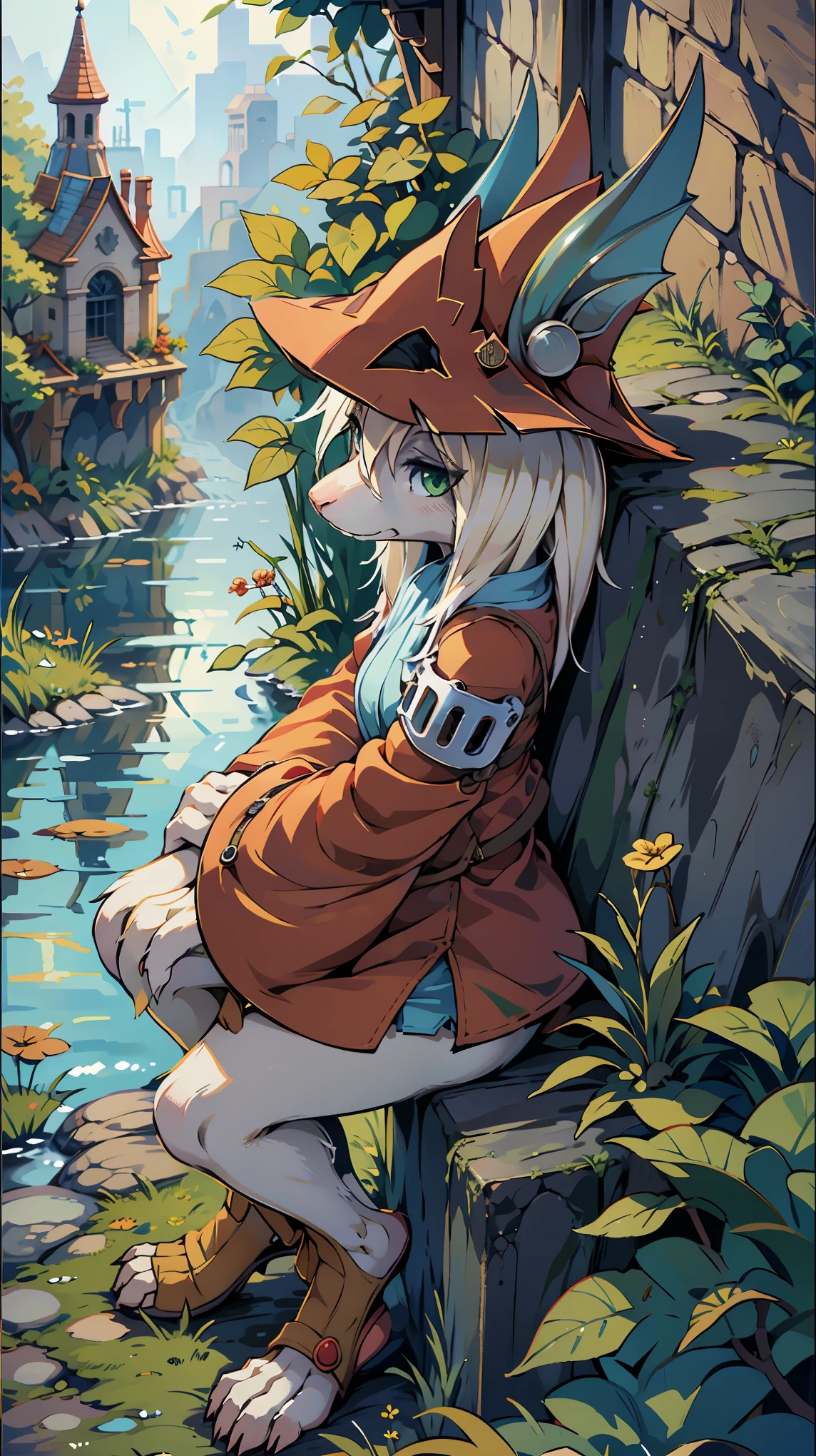 freya crescent (final fantasy), furry, solo, hat , white hair , green eyes , mouse tail , tail ribbon , snout city , ruins , rain , brick road,cute,super high quality,highest quality,beautiful,mouse ear,smile,