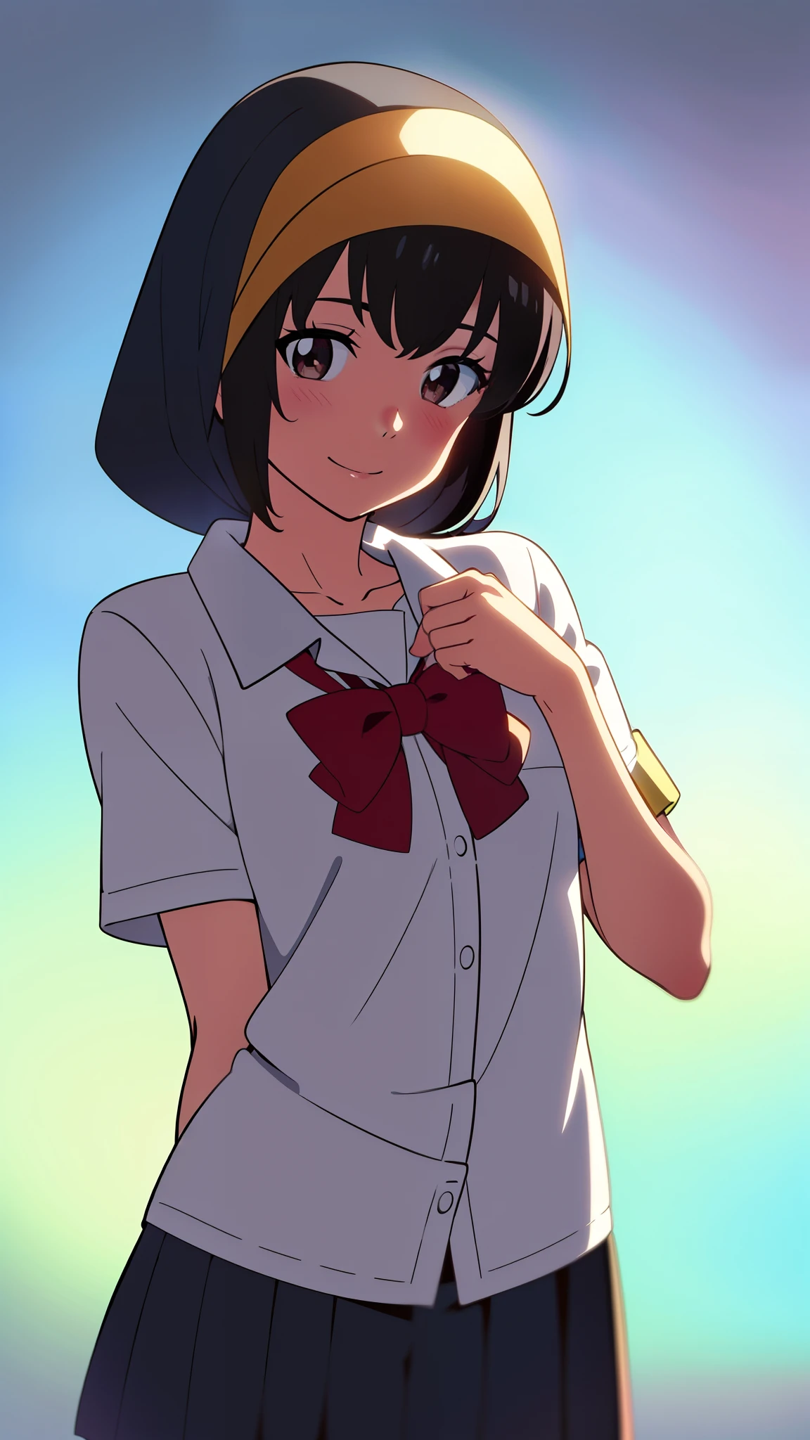 shinkai makoto, kimi no na wa., 1girl, bangs, black hair, blush, round eyes, bright eyes, brown eyes, red bow, short hair, shinny hair, smile, cute, beautiful, shiny skin, looking at the viewer, solo, cute girl, muslimah, muslim uniform, collarbone, white shirt, hijab, school uniform, short sleeves, Crescent, Crescent background