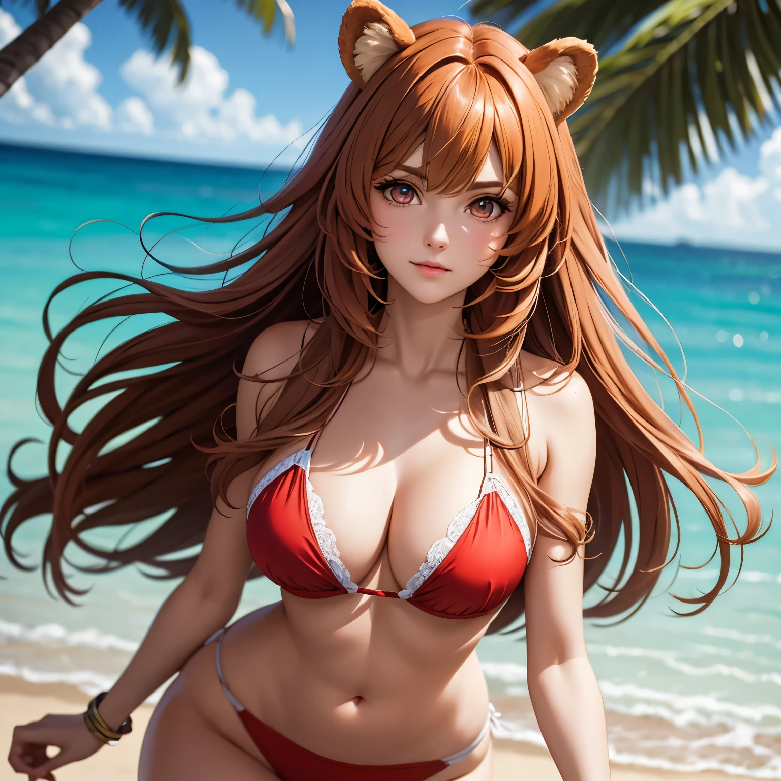 Raphtalia. beautiful woman 55 years old bear ears, cabello naranja . red eyes like rubies. rostro serio .cejas cortas. Small eyebrows,  pechos grandes. rostro serio. orejas de oso. cejas cortas. bikini blanco. fondo playa solitaria