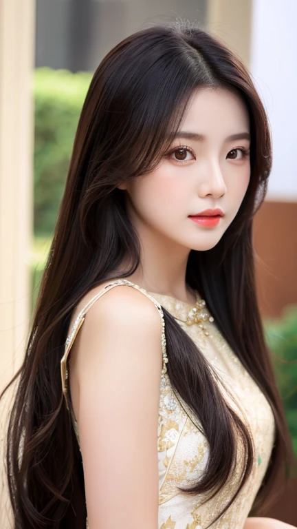 a close up of a woman with long hair wearing a dress, gorgeous chinese model, gorgeous young korean woman, beautiful south korean woman, cai xukun, beautiful young korean woman, full body xianxia, ruan jia beautiful!, yanjun chengt, beautiful girl model, by Yang J, inspired by Huang Ji, realistic. cheng yi, xianxia