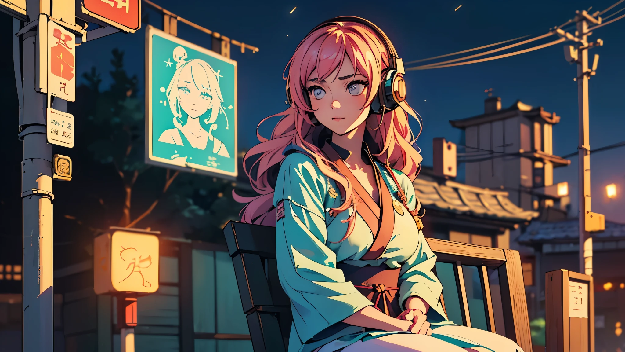 (highest quality,Edo period town、be familiar with,perfect face,beautiful woman listening to music,sitting at the bus stop,cyberpunk look、unusual hair color,soft lighting,Bright colors,sparkling ornaments,night,peaceful atmosphere,Cozy background,expressive eyes,flowing hair,Headphones On,bright eyes,Likeable character、alone、big breasts