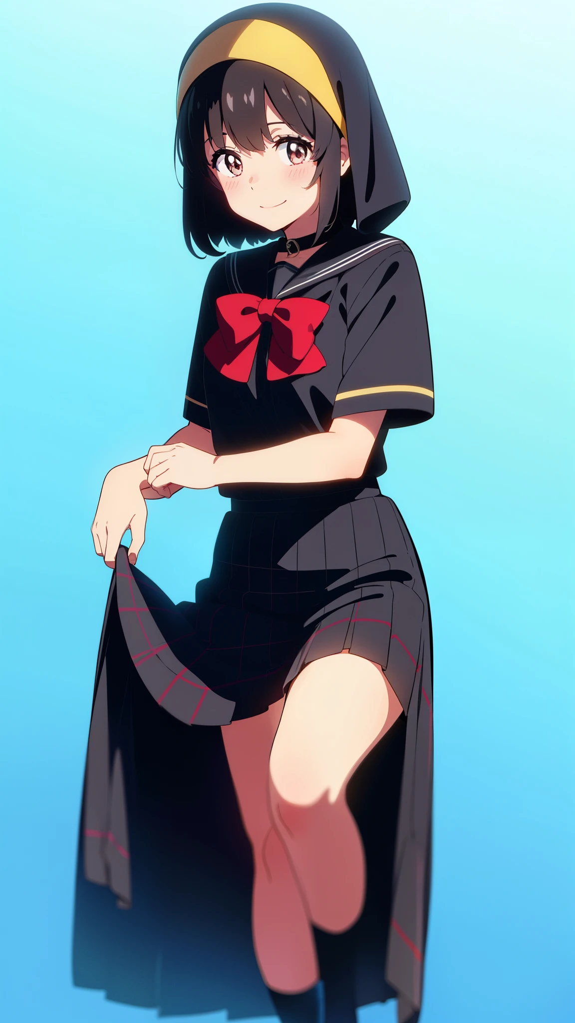 shinkai makoto, kimi no na wa., 1girl, bangs, black hair, blush, round eyes, bright eyes, brown eyes, red bow, muslimah, short hair, black hair, wearing white hijab, smile, cute, beautiful, shiny skin, looking at the viewer, solo, cute girl, black sailor collar, black sailor color, black skirt, plaid skirt, short sleeves, crescent, flower background
