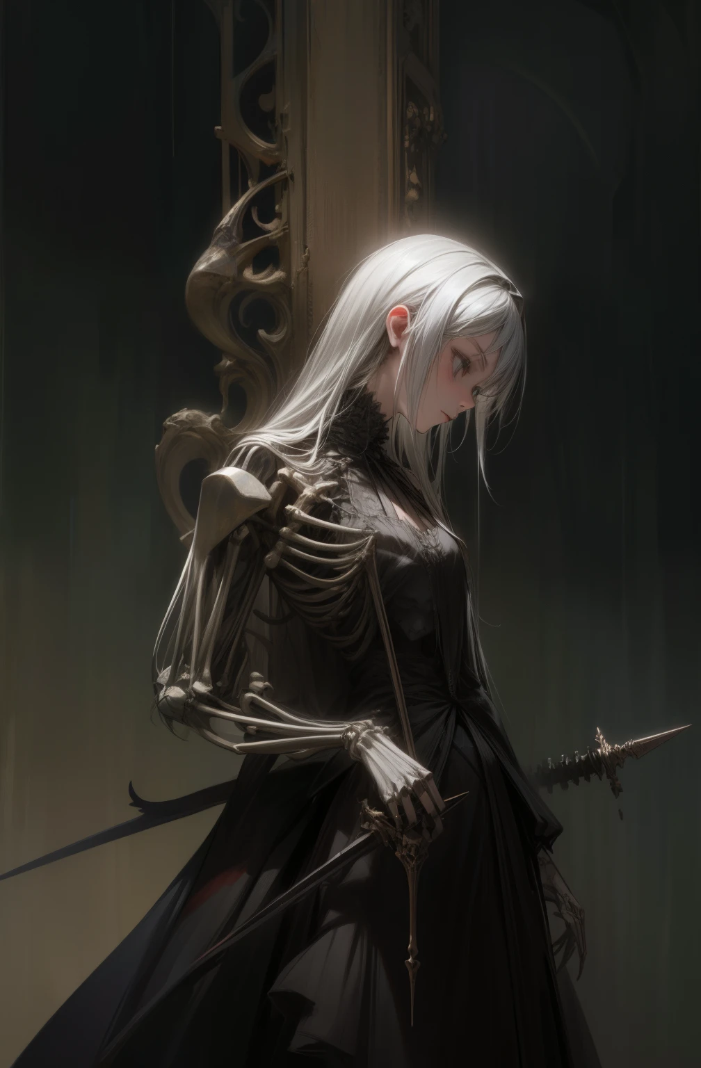 (a girl with) Aura-like gothic lighting, realistic Gothic-style artwork, detailed skeleton impaling itself with a sword in the neck, dark atmospheric background, high-res masterpiece:1.2, ultra-fine painting, professional, vivid colors