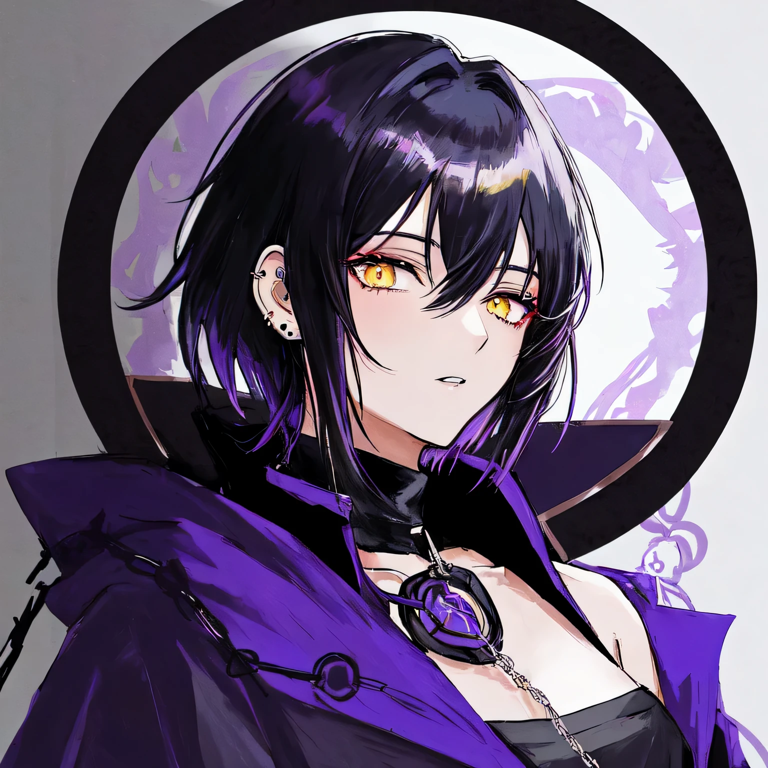 anime character dressed in black with chain around his neck, turtle neck, shadow mage female, female fantasy alchemist, single character bust up, rpg portrait, noble female, anime illustration, dark witch character, rpg, black hair purple gradien, yellow eyes color, rosario ear piercing, wolf cut hair,, female, wolfcut hair, big