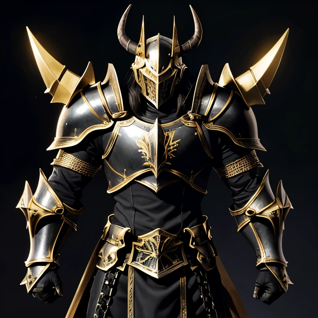 Make image of a black Knight equip with a pair of brass knuckles. Armor Black have gold spike and horns