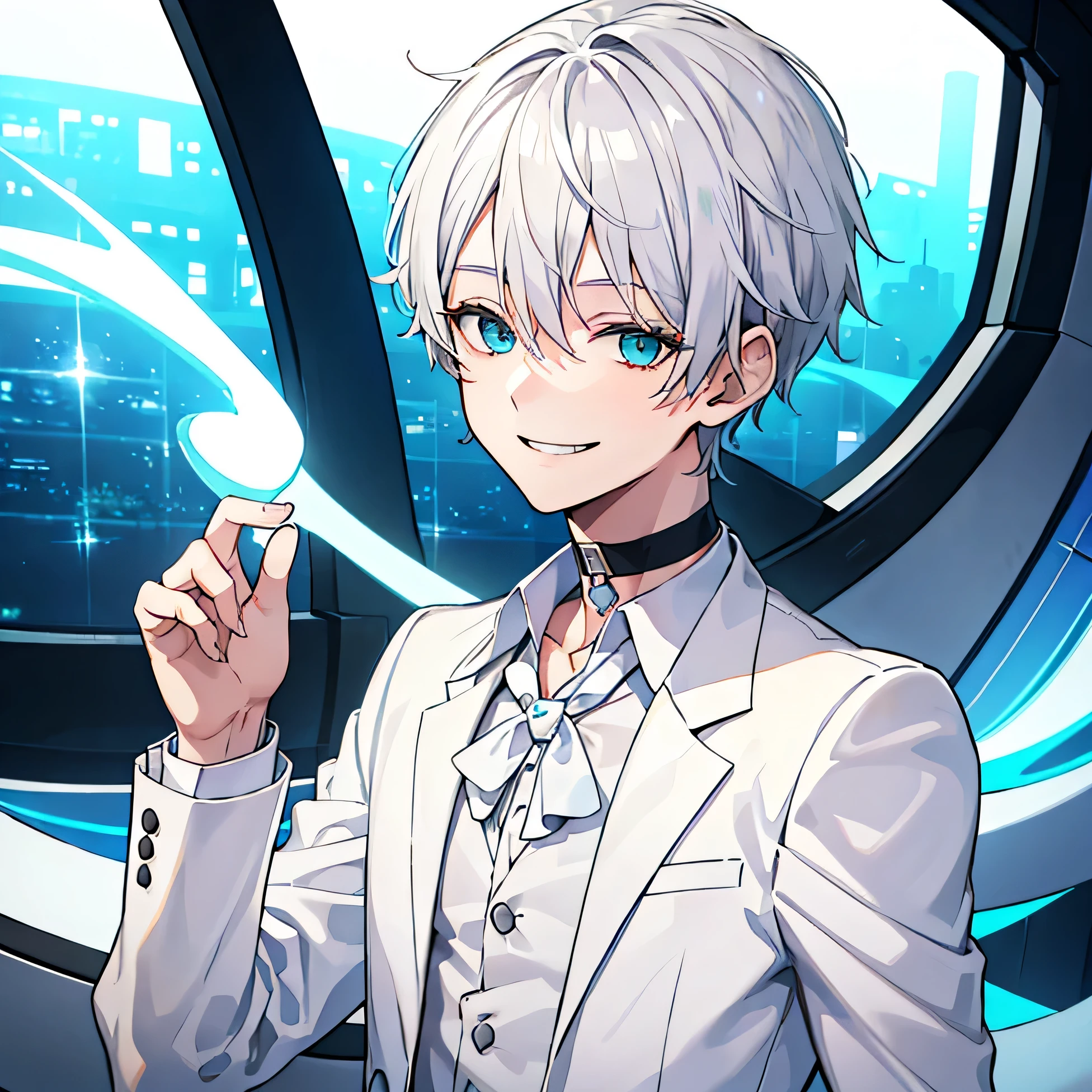 boy, white suit, Happy, (evil smile:1.2), wink, very short hair, gray hair, aqua eye, droopy eyes, sunburned skin, choker, boyish, Upper body