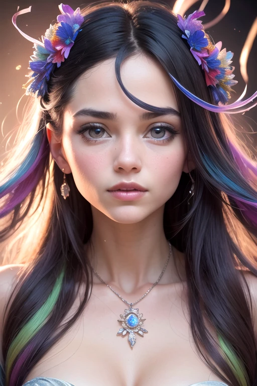 1 girl, work of art, extremely detaild, ((cinematic lighting)), (Ablaze), ((dramatic lighting)), ((beautiful detailed glowing)), intricate-detail, Lens flare, multicolored hair, Rainbow hair, long hair, multicolored dress, butterfly hair ornament, butterflys, (Light particles), arms behind the back, breasts big, [curved], cowboy shot, drlight smile, greeneyes, church, stained glass, searchlight, darkness background, floating hair, floating hair, gazing at viewer,((colorfully))