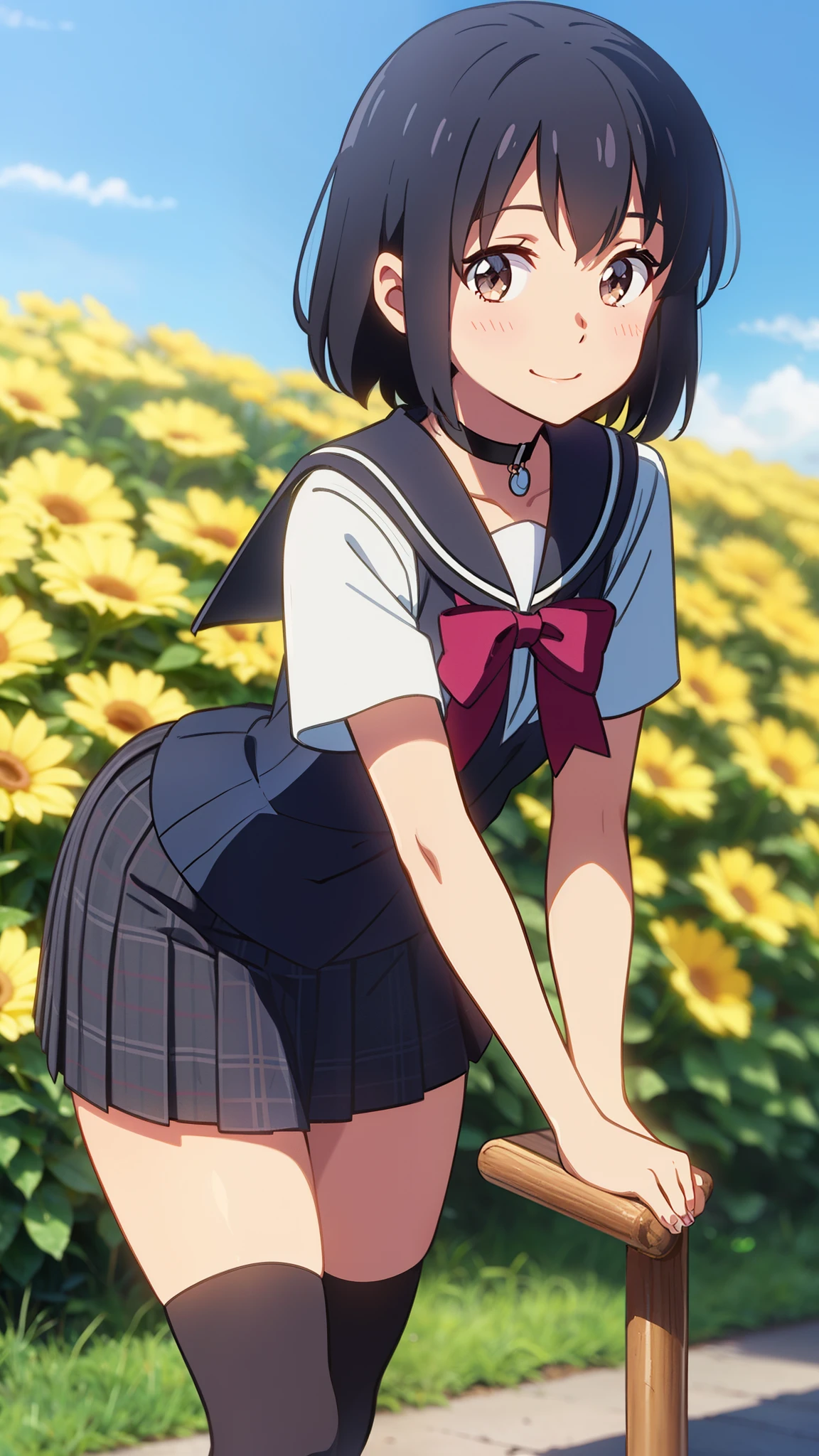 shinkai makoto, kimi no na wa., 1girl, bangs, black hair, blush, round eyes, bright eyes, brown eyes, red bow, muslimah, short hair, black hair, wearing white hijab, smile, cute, beautiful, shiny skin, looking at the viewer, solo, cute girl, black sailor collar, black sailor color, black skirt, plaid skirt, short sleeves, crescent, flower background