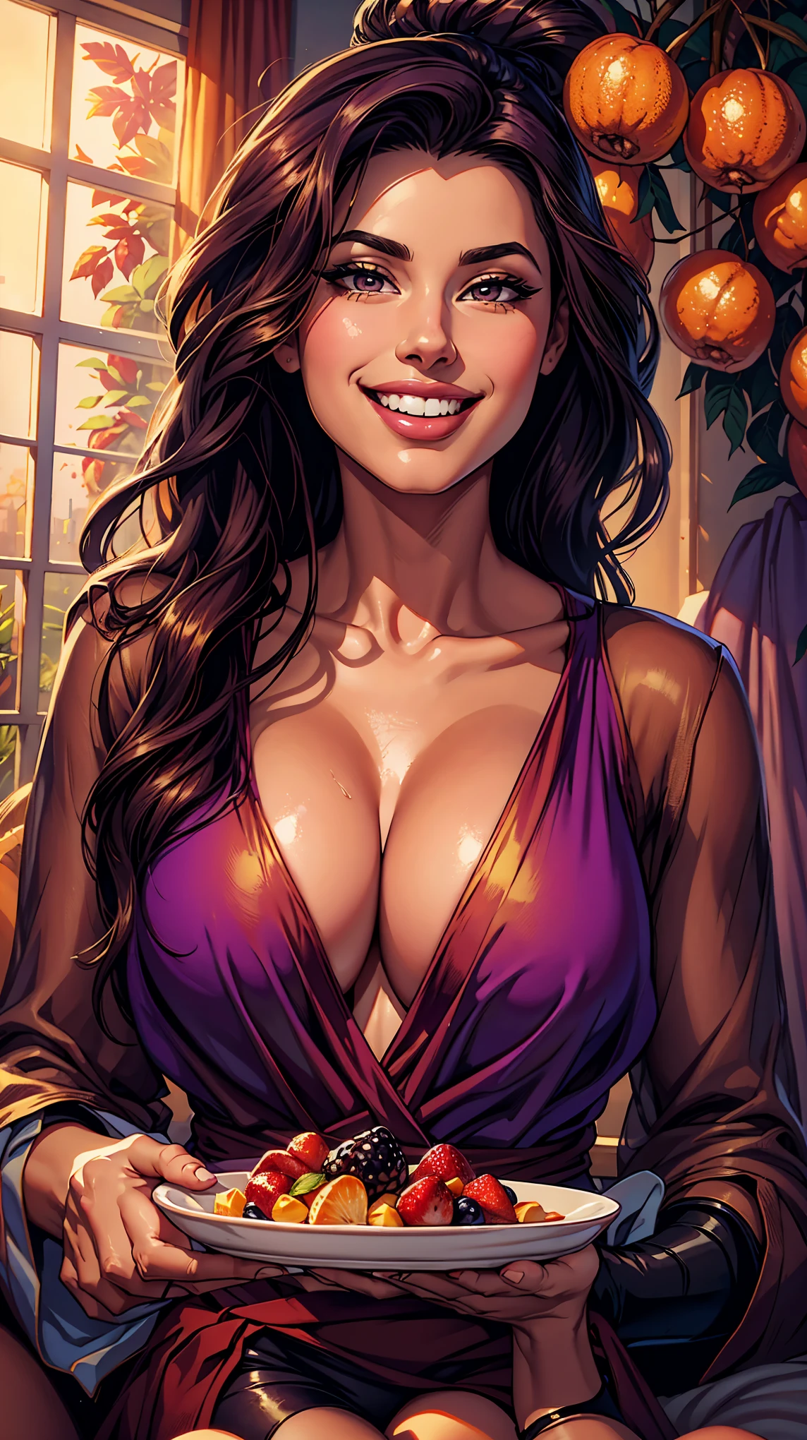arafed woman holding a plate of fruit in front of a window, cute seductive smile, fully clothed. painting of sexy, cleavage, with a seductive smile, sexy girl, beautiful and smiling, sultry digital painting, seductive smile, clear portrait of demi rose, jaw dropping beauty, glossy digital painting, friendly seductive smile, crazy seductive smile, smiling seductively