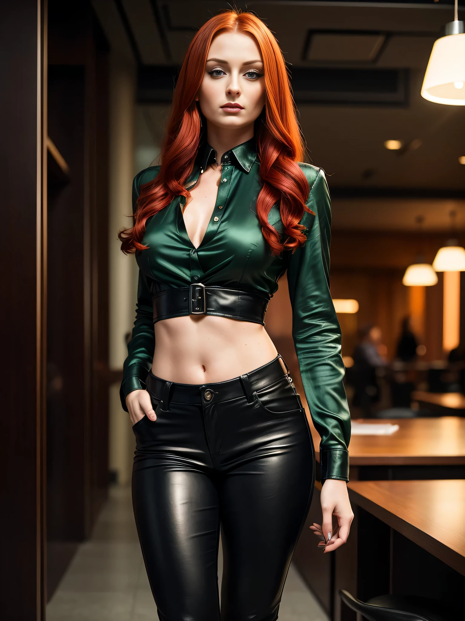 sexy woman (Sophie Turner), long curly red hair, gorgeous big eyes, high arched eyebrows, seductive look, dark green low-cut silk shirt, leather pants, stilettos, midnight modern office building, spot lighting, backlight on hair, shallow depth of field, bokeh,