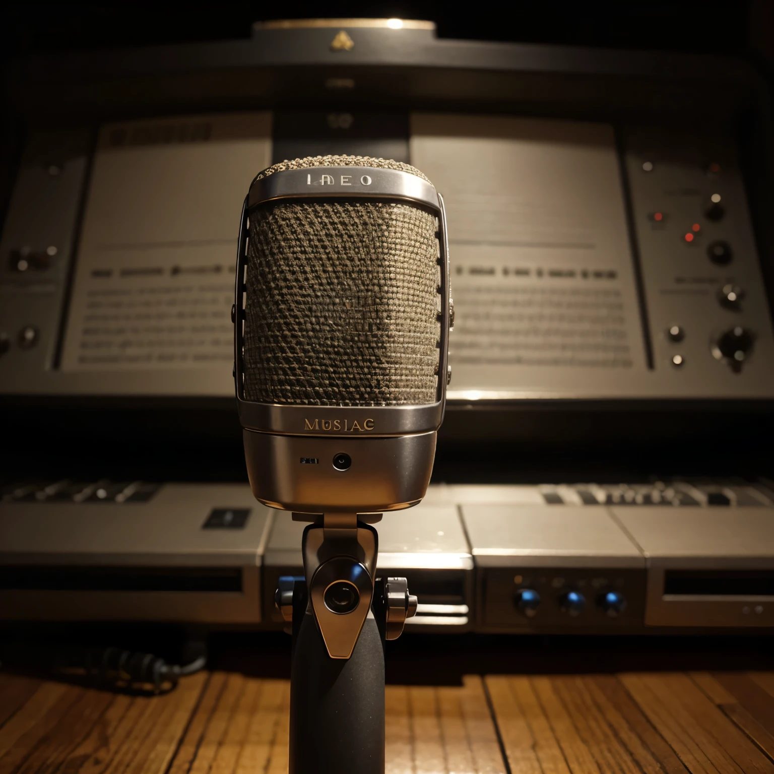 Old microphone from which musical notes come out with the logos of social networks 