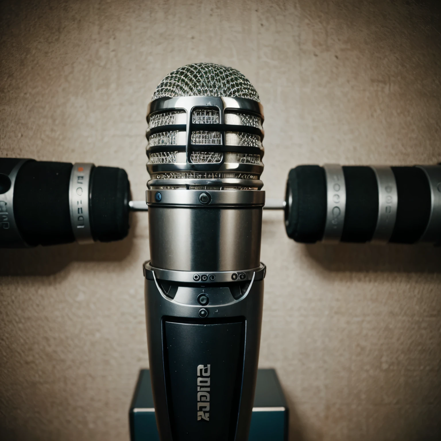 Old microphone from which musical notes come out with the logos of social networks