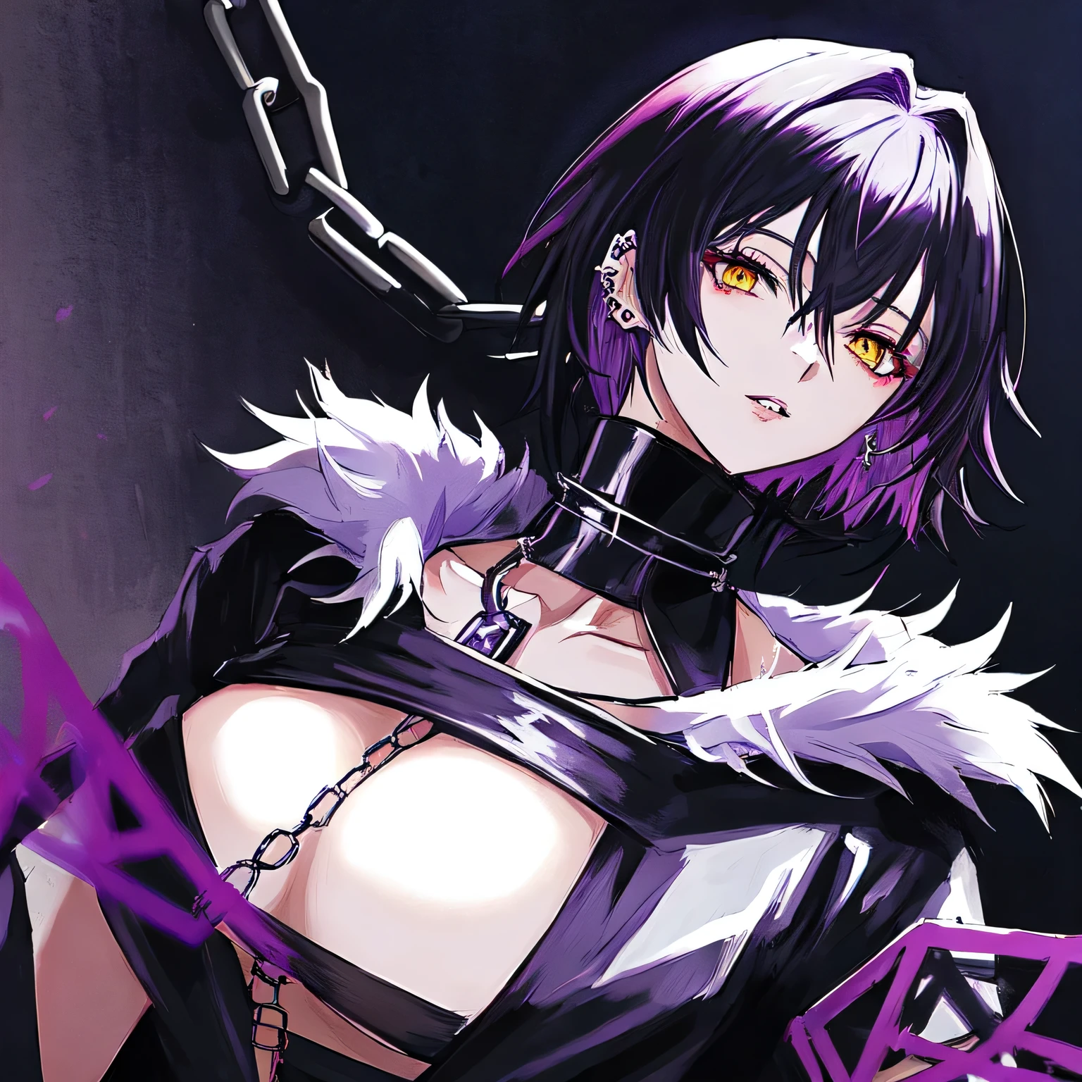 anime character dressed in black with chain around his neck, turtle neck, shadow mage female, female fantasy Vampire, single character, rpg portrait, noble female, anime illustration, dark witch character, rpg, black hair purple gradien, yellow eyes purple gradien color, rosario earpierce, wolf cut hair, female, wolfcut hair, bigboobs