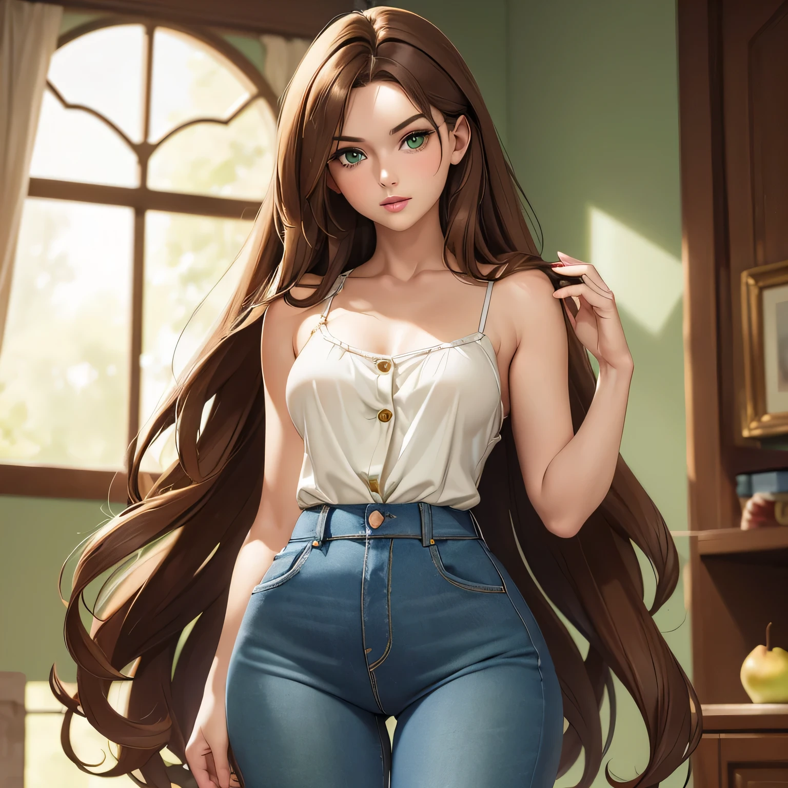 ((Masterpiece)) ((Portrait)) ((Beautiful)) ((Pear Figure)) (((Small Breasts))) ((Wide Hips)) ((Long Hair)) ((Brown Hair)) ((Green Eyes)) ((Pale Skin)) ((Middle Aged)) ((Button Nose)) ((Full Lips)) ((Woman)) ((Camisole)) ((Tight Jeans))