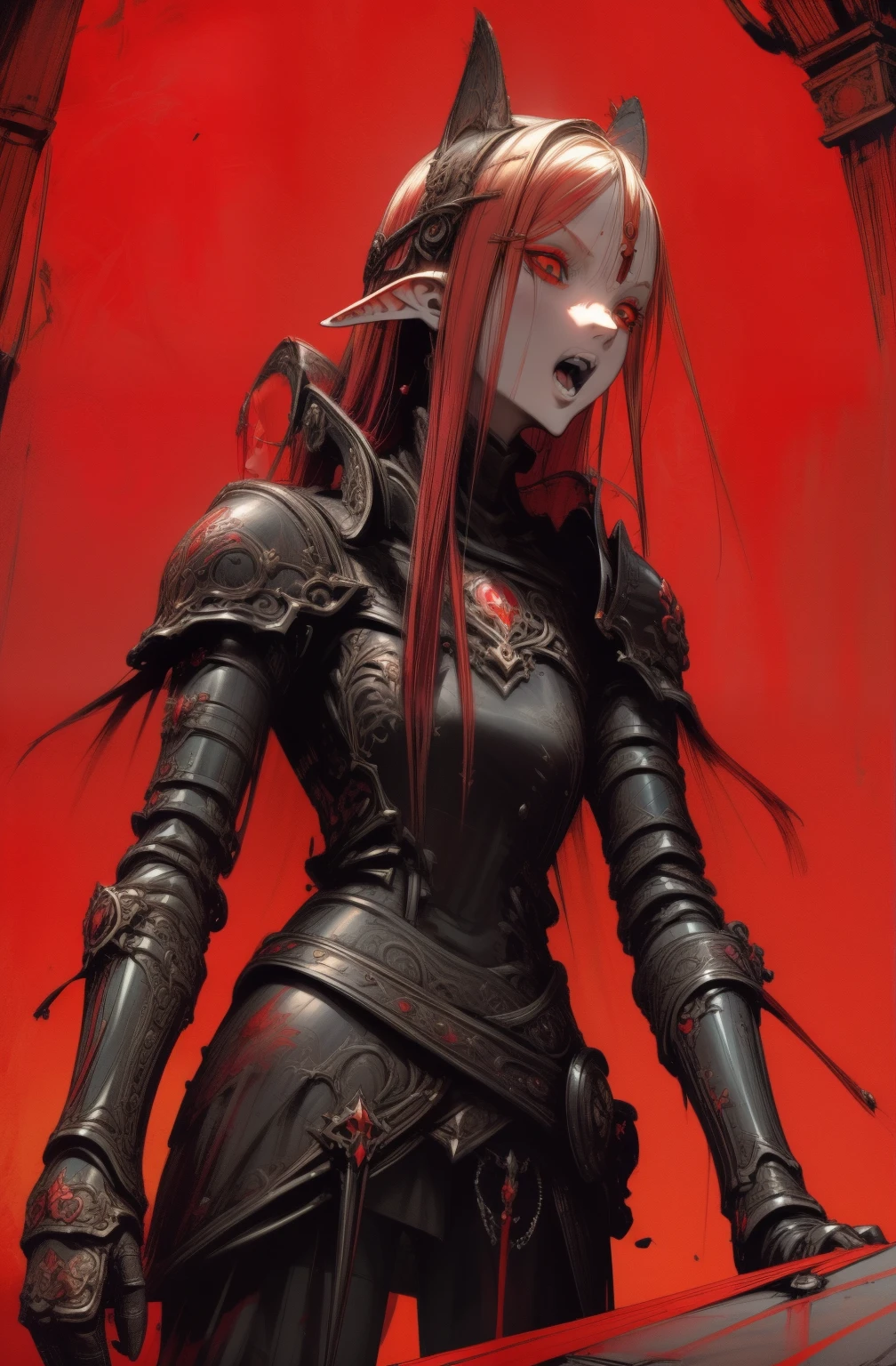 elf girl,((Best Quality, 8K, Masterpiece)), ((1woman, )), flat color, limited palette, Perfectly Cute Girl, Delicate and smooth skin, Realistic skin, Perfect Beautiful Face, Perfect and Cute Face, (POV POV, View from below), short messy golden hair, elf ears, sharp fangs, disgusted expression, open mouth, cringing, glowing red eyes, skull hairpin, ornate black dress, fully clothed, dark aura, black and red, two tone, dark hue, red hue, high contrast, dark lighting