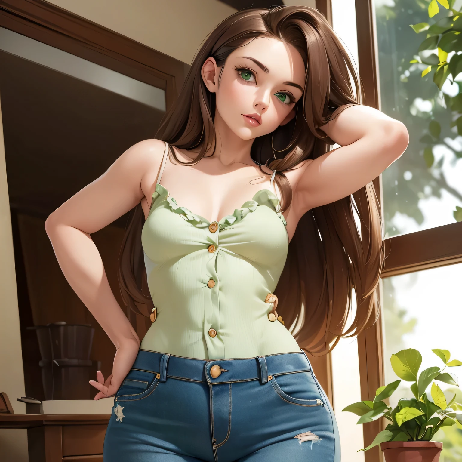 ((Masterpiece)) ((Portrait)) ((Beautiful)) ((Pear Figure)) (((Small Breasts))) ((Wide Hips)) ((Long Hair)) ((Brown Hair)) ((Green Eyes)) ((Pale Skin)) ((Middle Aged)) ((Button Nose)) ((Full Lips)) ((Woman)) ((Camisole)) ((Tight Jeans))