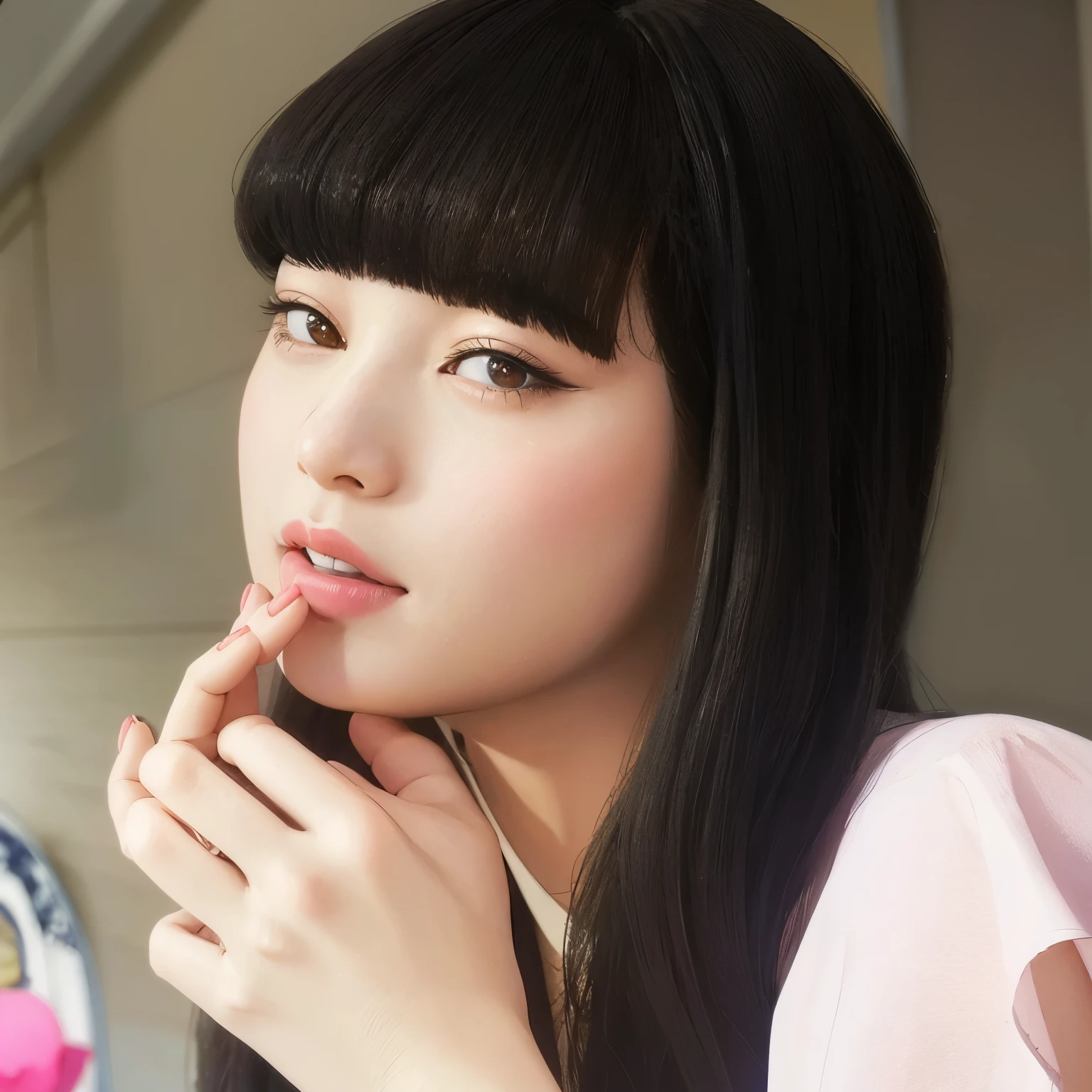 Chica anime con cabello largo y negro y camisa azul posando para una foto., hinata hyuga, sui ishida con cabello negro, es el estilo de junji, junko enoshima, este es junji sutil, yui kotegawa, hinata hyuga from naruto, 1 7 anime gothic girl, misato katsuragi, wonyoung, tomie, junji ito