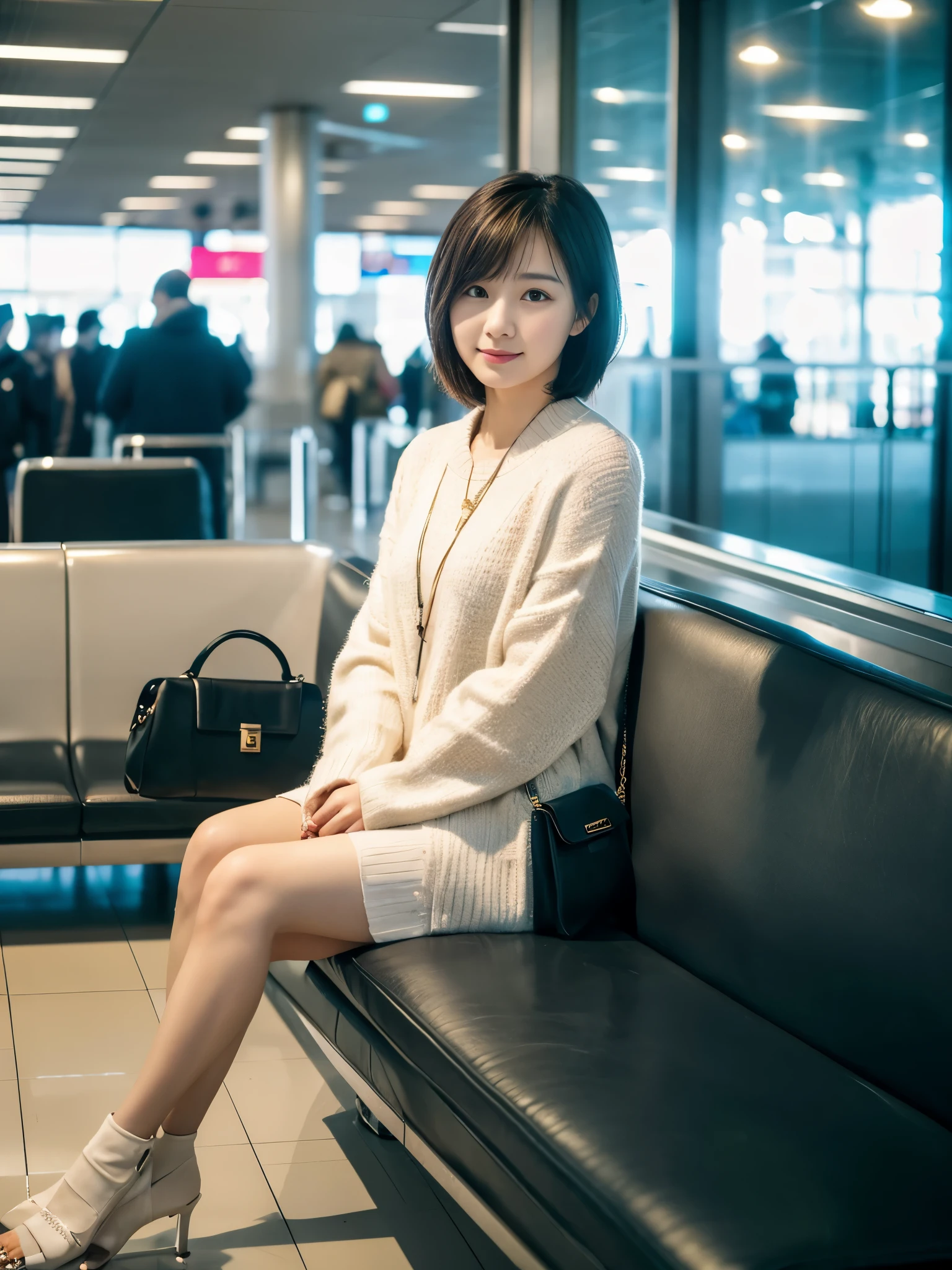 Photoreal, 32k, full body portrait,, Beautiful woman, attractive look, clear division, short hair, 20-year-old,  winter,   With the airport lobby in the background,