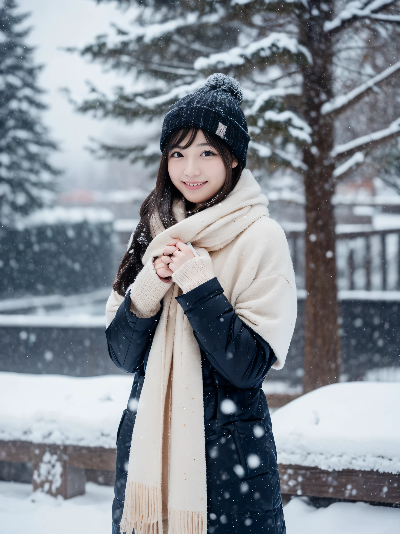 Photoreal, 32k, full body portrait, Single-lens reflex camera, Beautiful woman, attractive look, clear division, short hair, 20-year-old,  winter, It&#39;s snowing, It&#39;s snowing,  With New Chitose Airport in the background,