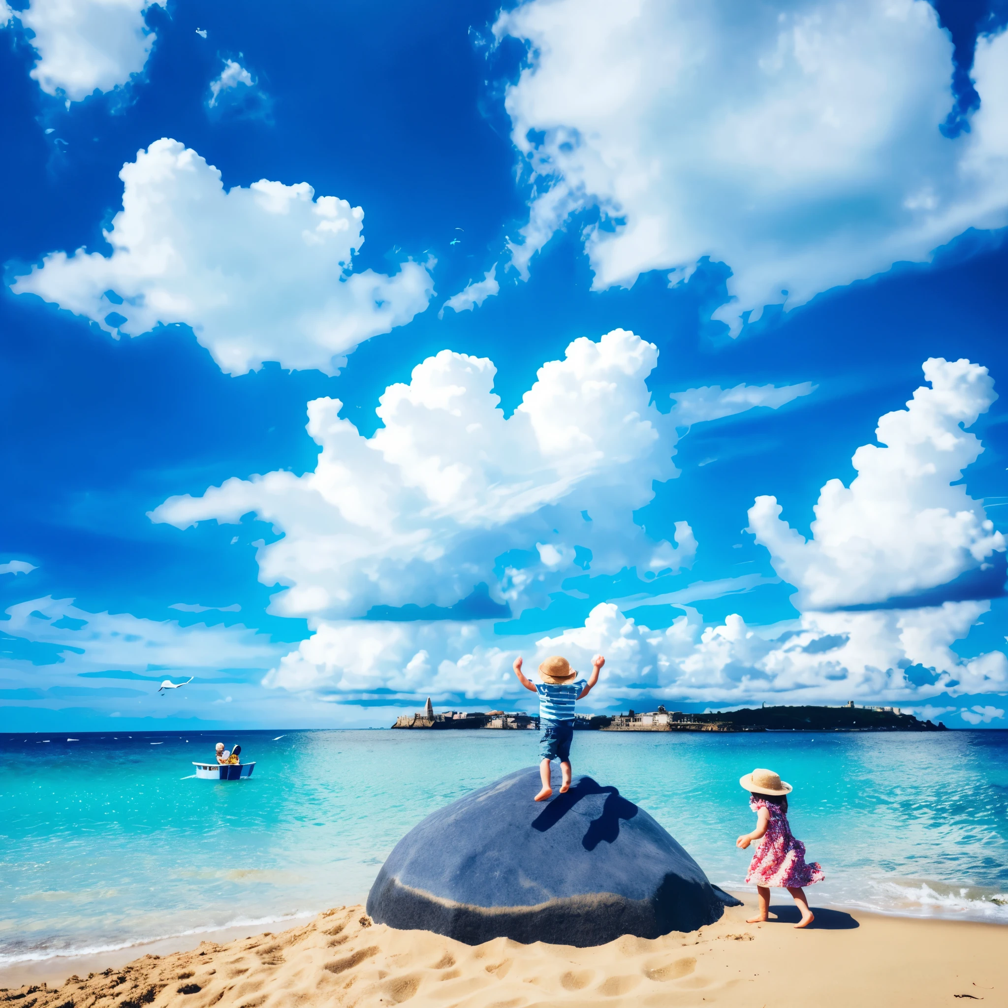 View from top to bottom, a man and a woman from the coast jumping from a plane far away, on the high seas with coconut trees, sun and clouds.