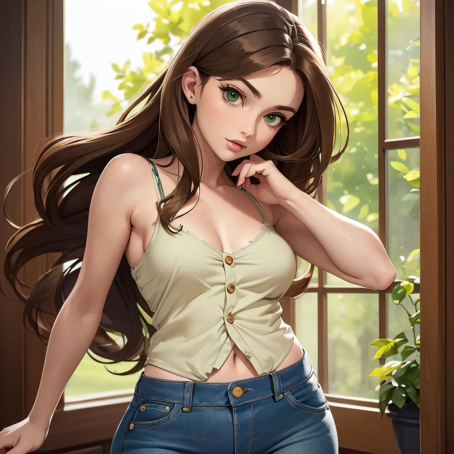 ((Masterpiece)) ((Portrait)) ((Beautiful)) ((Pear Figure)) (((Small Breasts))) ((Wide Hips)) ((Long Hair)) ((Brown Hair)) ((Green Eyes)) ((Pale Skin)) ((Middle Aged)) ((Button Nose)) ((Full Lips)) ((Woman)) ((Camisole)) ((Tight Jeans))