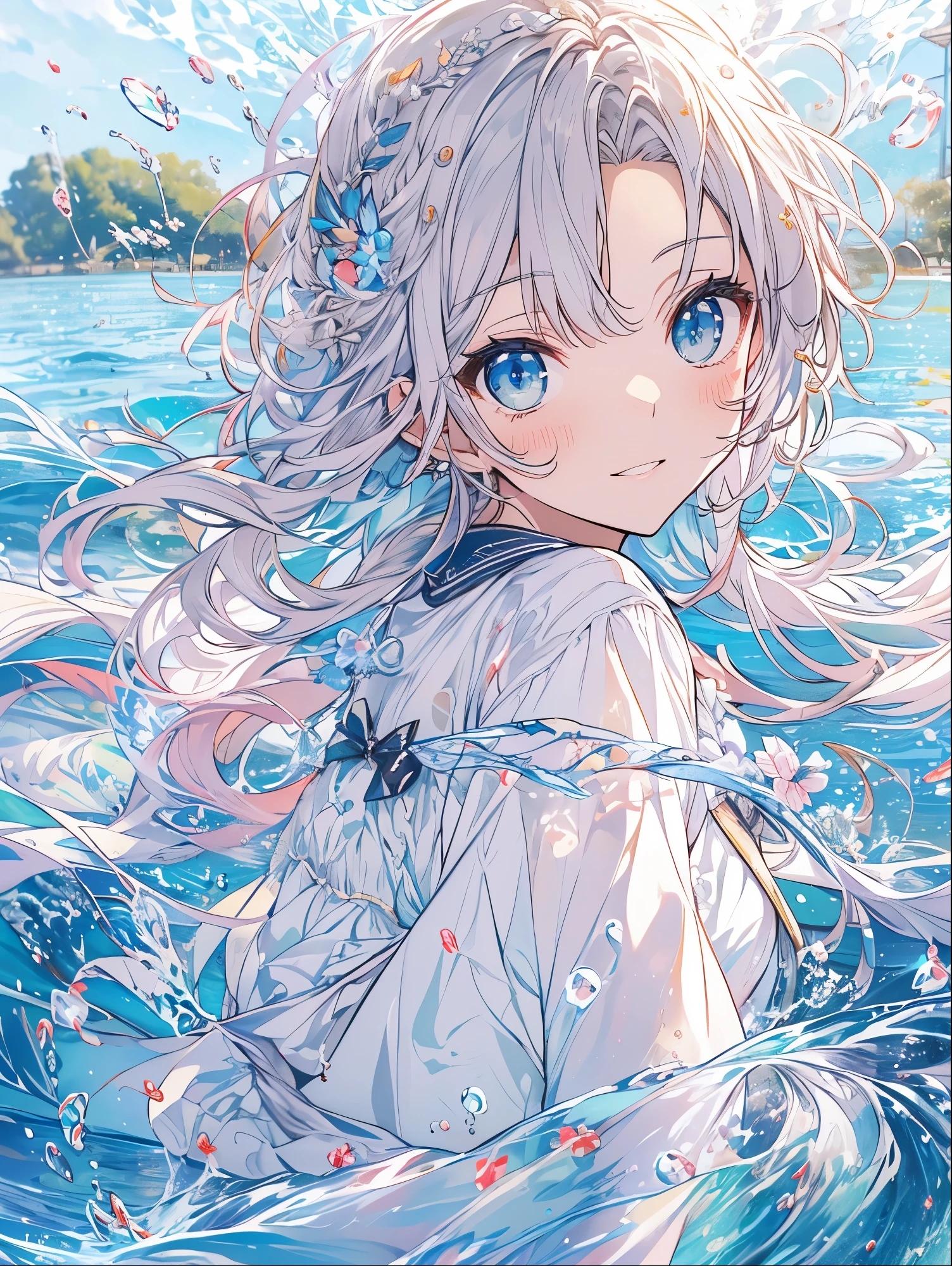 8K resolution, ((highest quality)), ((masterpiece)), ((super detailed)), (very delicate and beautiful), with a girl, solo, gentle expression, she is very(relax)with(Calm)Appearance, water色の髪, Depth of the bounds written, bright smile, young expression, 明るいwater色の目, 美しいwater色の髪, beautiful background, long hair, linear art, cute sailor suit, marine style, Eyes that shine like sapphires, upper eye, wonderful eyes, water, water海, water滴が舞っている, Upper body