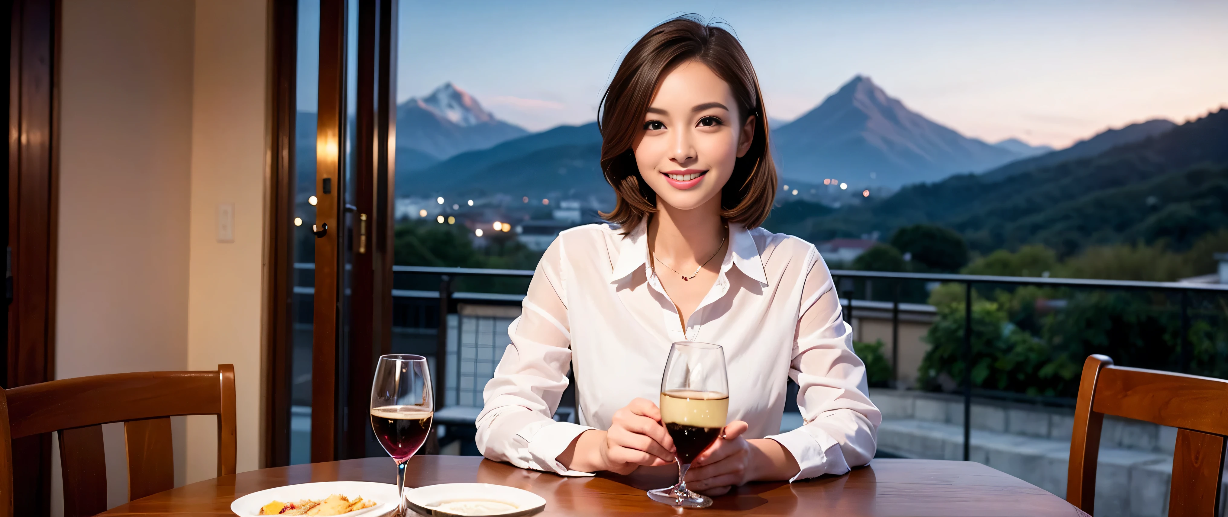 64k, Hmm, highest quality, masterpiece: 1.2), (realistic, photorealistic: 1.37), Spectacular view of the sunset sky and clouds、Amazing mountain views、3 slim beauties, (slim face),Happy、 the best smile、Fox face、Berry Short、(because I'thin), (brown hair), (shortcut), long sleeve shirt、winter fashion、Colombian、Brazilian、Japanese、Dutch、German、Portuguese、Belgian、Italian、French,Champagne、sparkling wine、 (squirt), (slim body), (brown hair), (shortcut), neat beauty、cheeks turn a little red, (35 years old), 38 years old, alone, A beautiful and detailed night view spreads out outside the window....., restaurant, wine glass is sitting, At night, in a prominent place (from the Upper body) nova frog style, actress, model, Upper body, White wine, slim, wine glass, Very beautiful night view, wine glass Put in the Middle, Happy smile, (smile: 1.15),