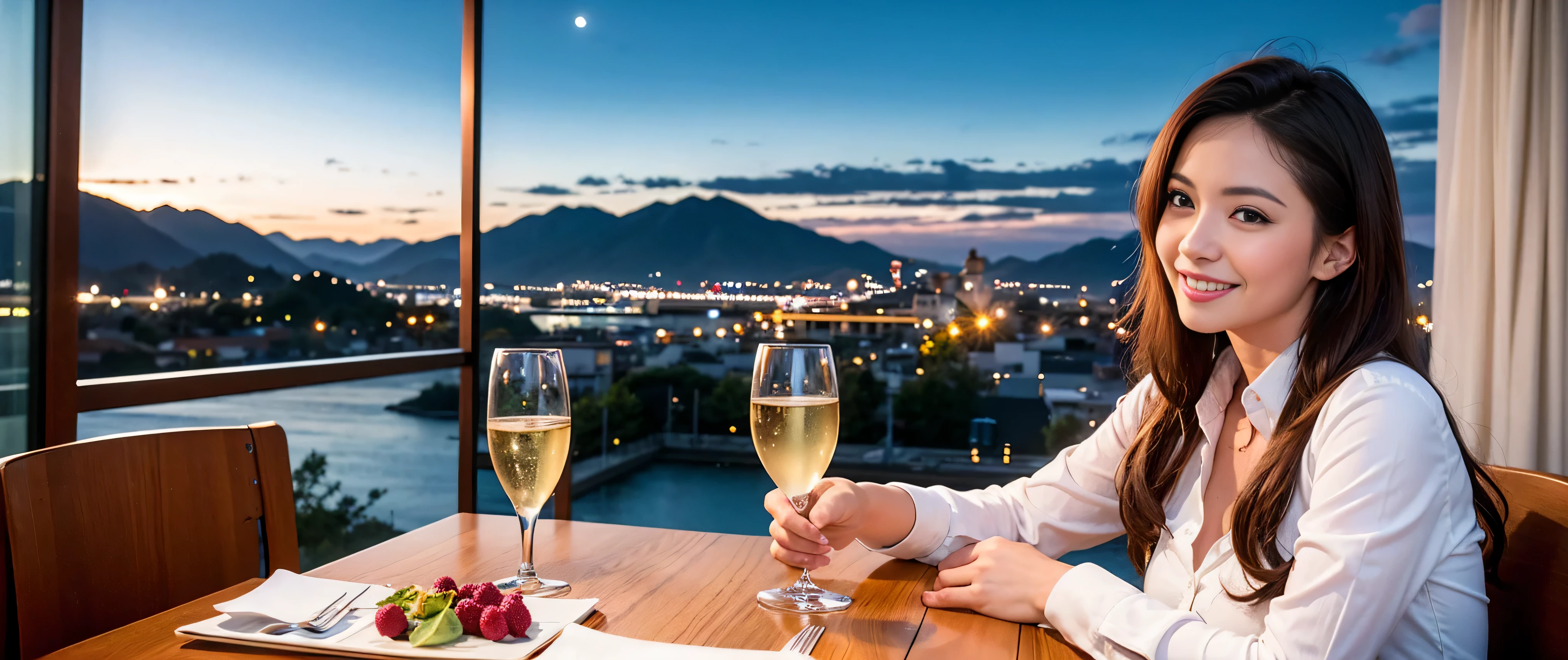 64k, Hmm, highest quality, masterpiece: 1.2), (realistic, photorealistic: 1.37), Spectacular view of the sunset sky and clouds、Amazing mountain views、3 slim beauties, (slim face),Happy、 the best smile、Fox face、Berry Short、(because I'thin), (brown hair), (shortcut), long sleeve shirt、winter fashion、Colombian、Brazilian、Japanese、Dutch、German、Portuguese、Belgian、Italian、French,Champagne、sparkling wine、 (squirt), (slim body), (brown hair), (shortcut), neat beauty、cheeks turn a little red, (35 years old), 38 years old, alone, A beautiful and detailed night view spreads out outside the window....., restaurant, wine glass is sitting, At night, in a prominent place (from the Upper body) nova frog style, actress, model, Upper body, White wine, slim, wine glass, Very beautiful night view, wine glass Put in the Middle, Happy smile, (smile: 1.15),
