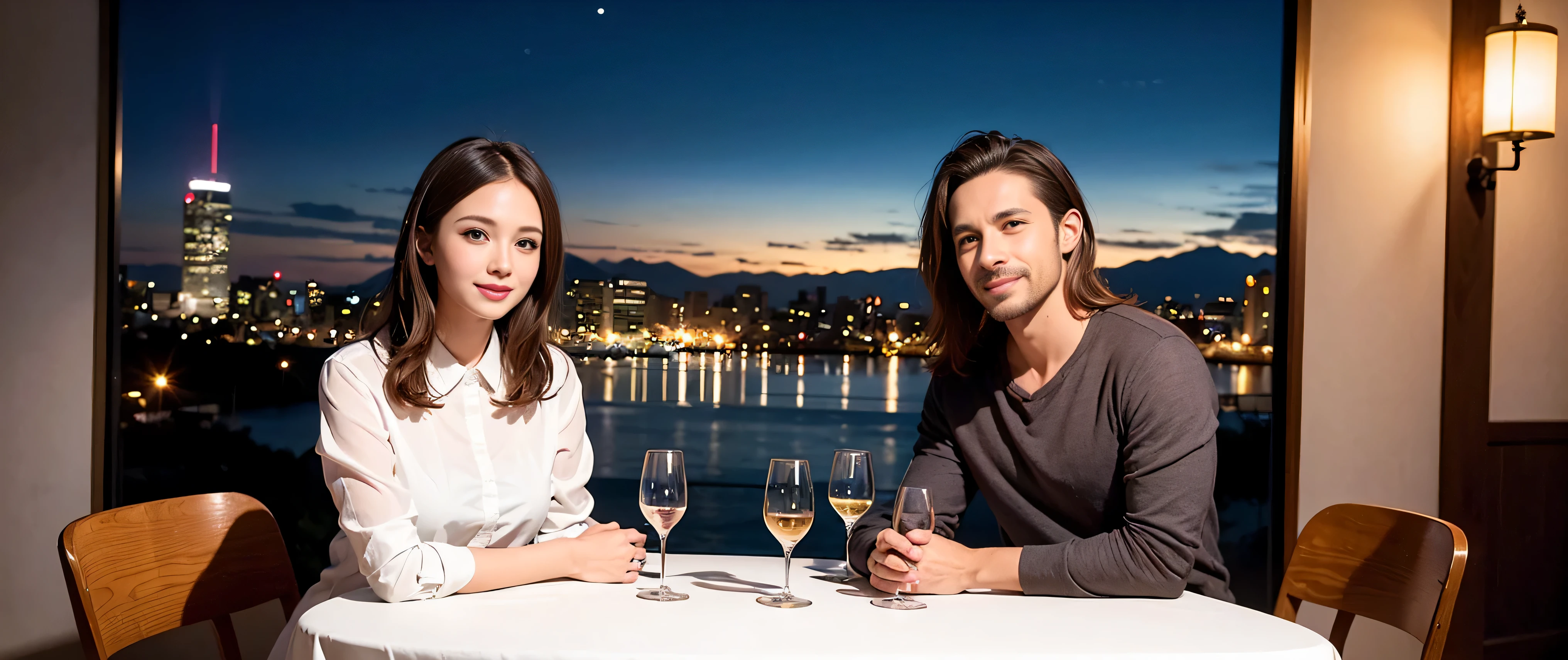 64k, Hmm, highest quality, masterpiece: 1.2), (realistic, photorealistic: 1.37), Spectacular view of the sunset sky and clouds、Amazing mountain views、3 slim beauties, (slim face),Happy、 the best smile、Fox face、Berry Short、(because I'thin), (brown hair), (shortcut), long sleeve shirt、winter fashion、Colombian、Brazilian、Japanese、Dutch、German、Portuguese、Belgian、Italian、French,Champagne、sparkling wine、 (squirt), (slim body), (brown hair), (shortcut), neat beauty、cheeks turn a little red, (35 years old), 38 years old, alone, A beautiful and detailed night view spreads out outside the window....., restaurant, wine glass is sitting, At night, in a prominent place (from the Upper body) nova frog style, actress, model, Upper body, White wine, slim, wine glass, Very beautiful night view, wine glass Put in the Middle, Happy smile, (smile: 1.15),